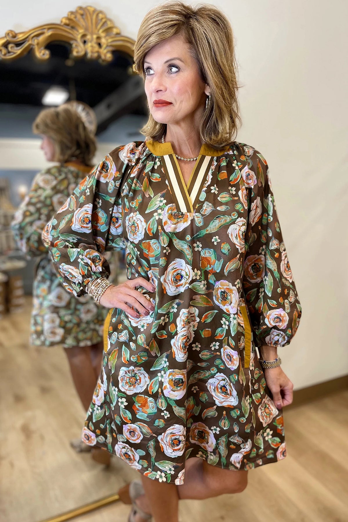 Brown Floral Print V Neck Pocketed Long Sleeve Mini Dress