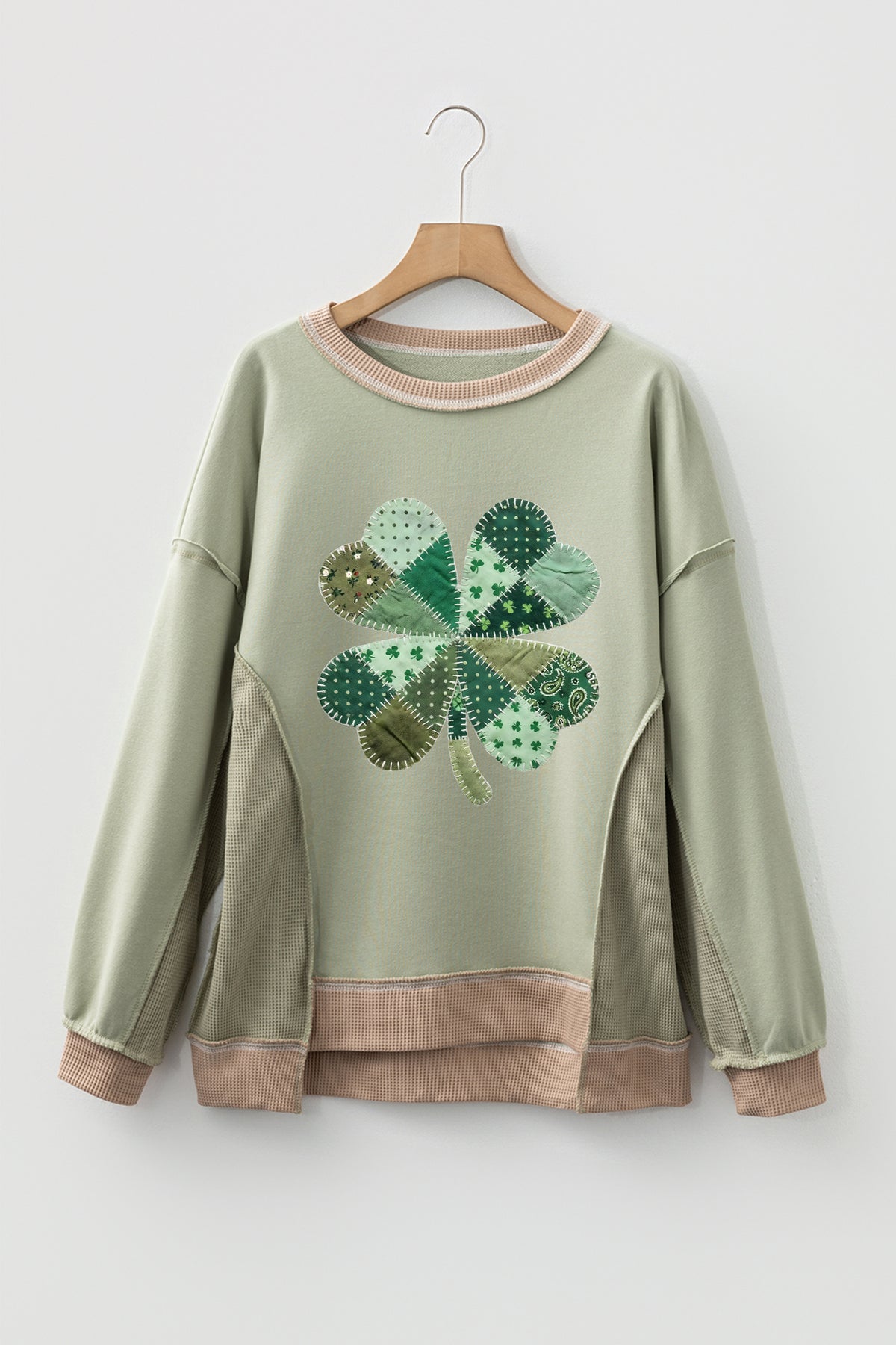 Smoke Green Waffled Color Block St Patricks Day Clover Patched Baggy Sweatshirt