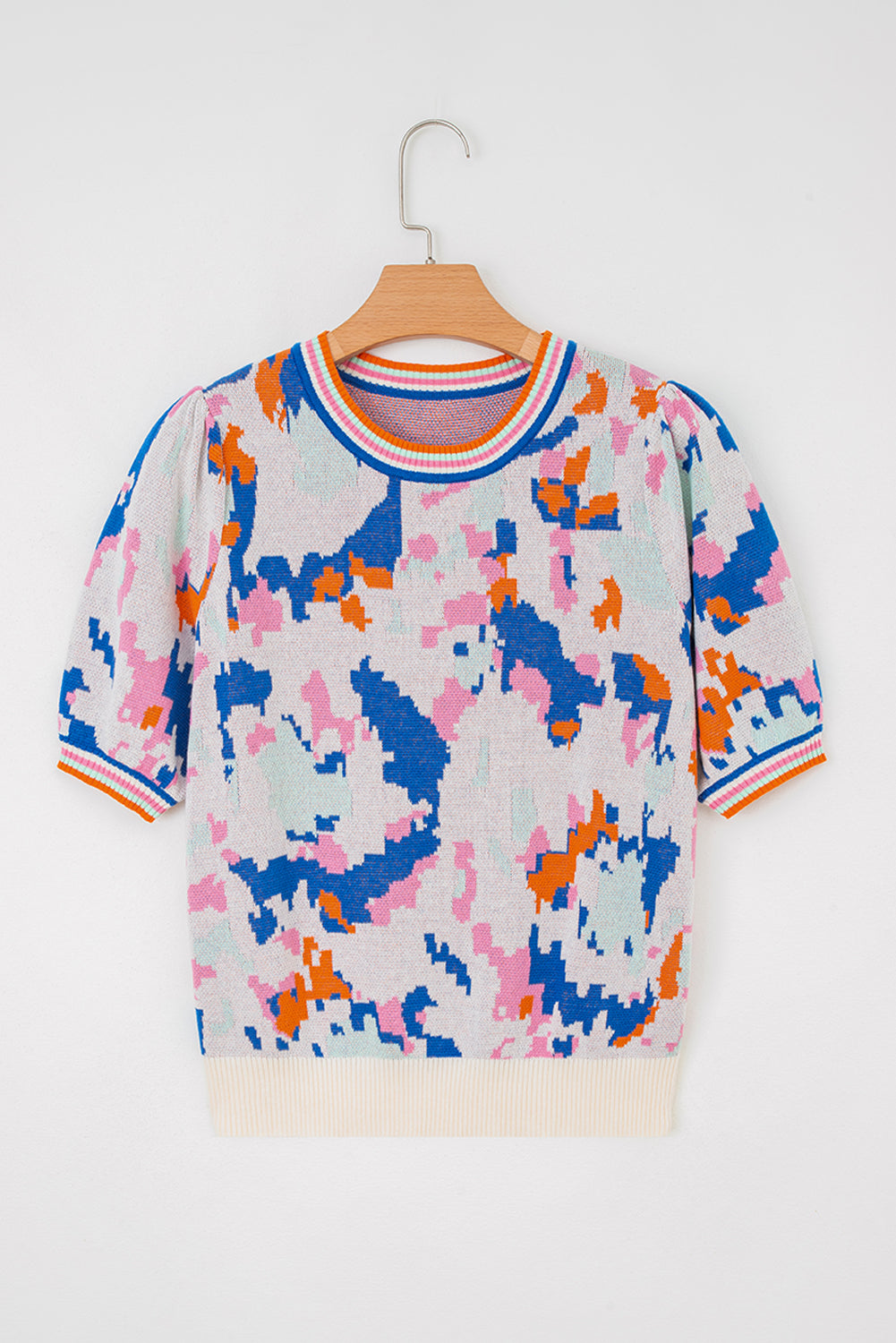 Apricot Abstract Pattern Knit Contrast Striped Trim Short Sleeve Sweater