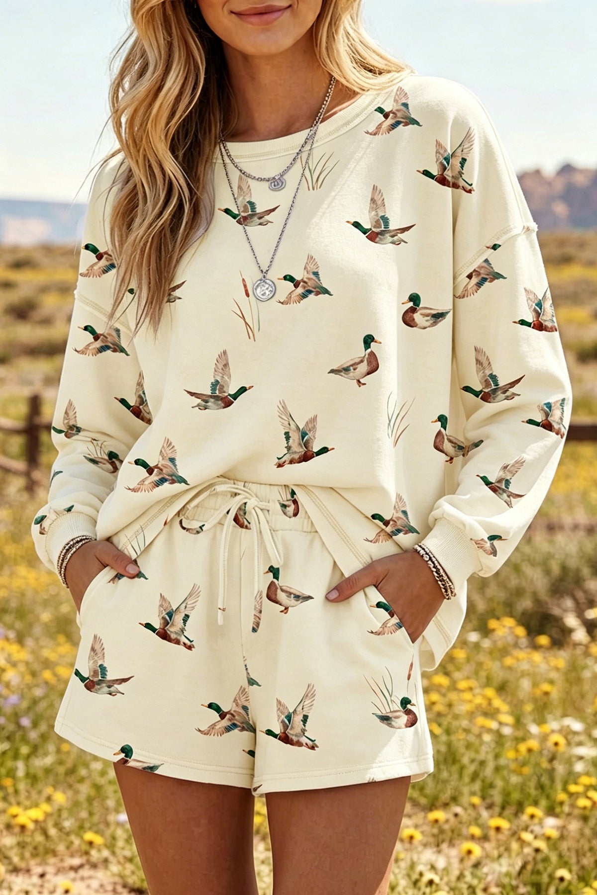 Women's Beige Free Mallard Print Long-Sleeve Top Drawstring Shorts Set
