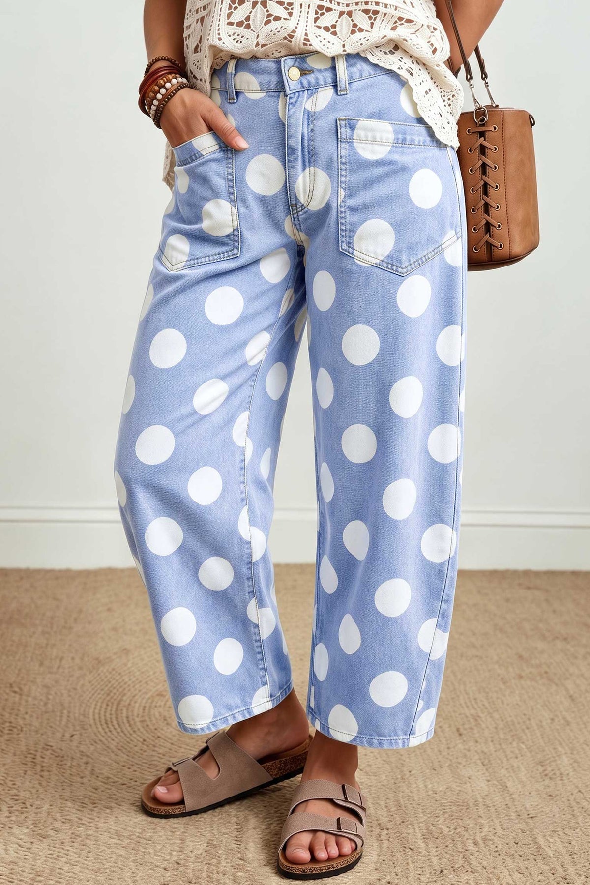 White Polka Dot Ankle Length Barrel Jeans