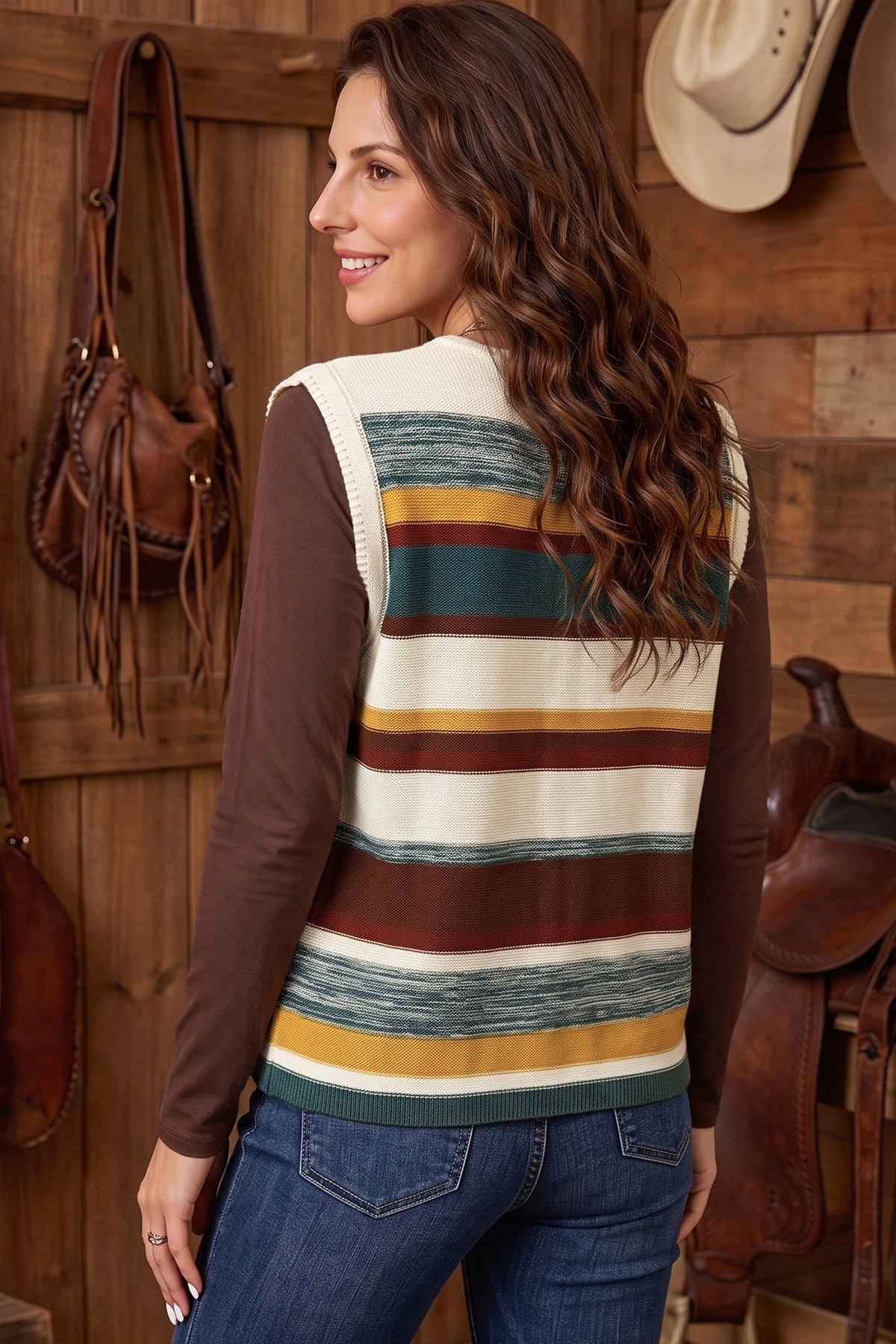 Multicolour Striped Button Front Sleeveless Knit Sweater Vest