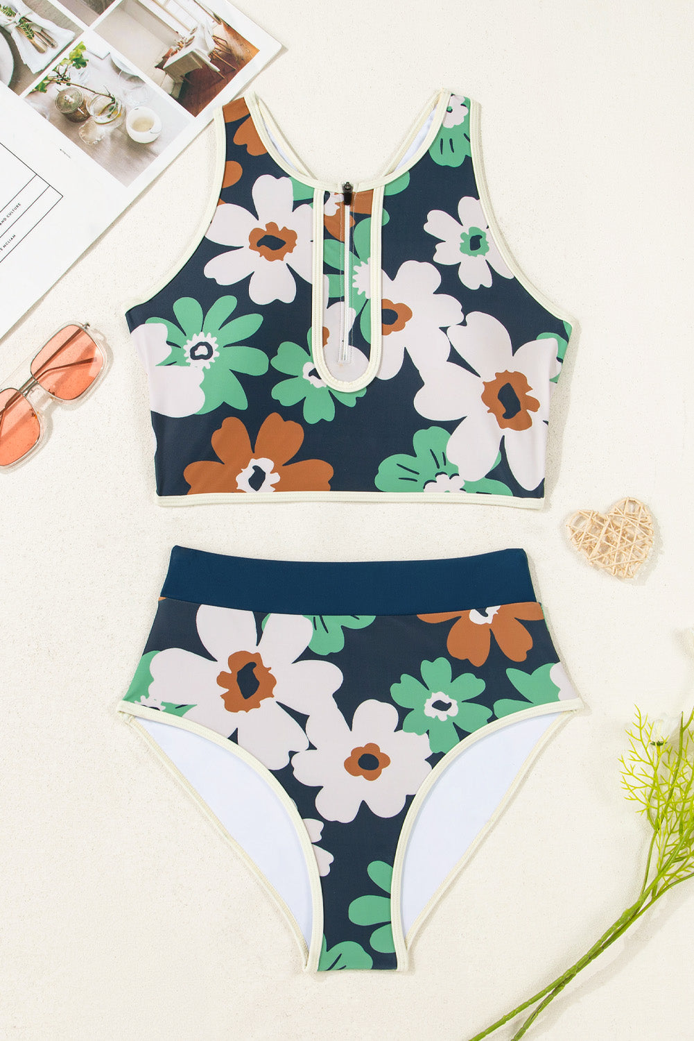 Blue Floral Zip-Up High-Waist Bikini