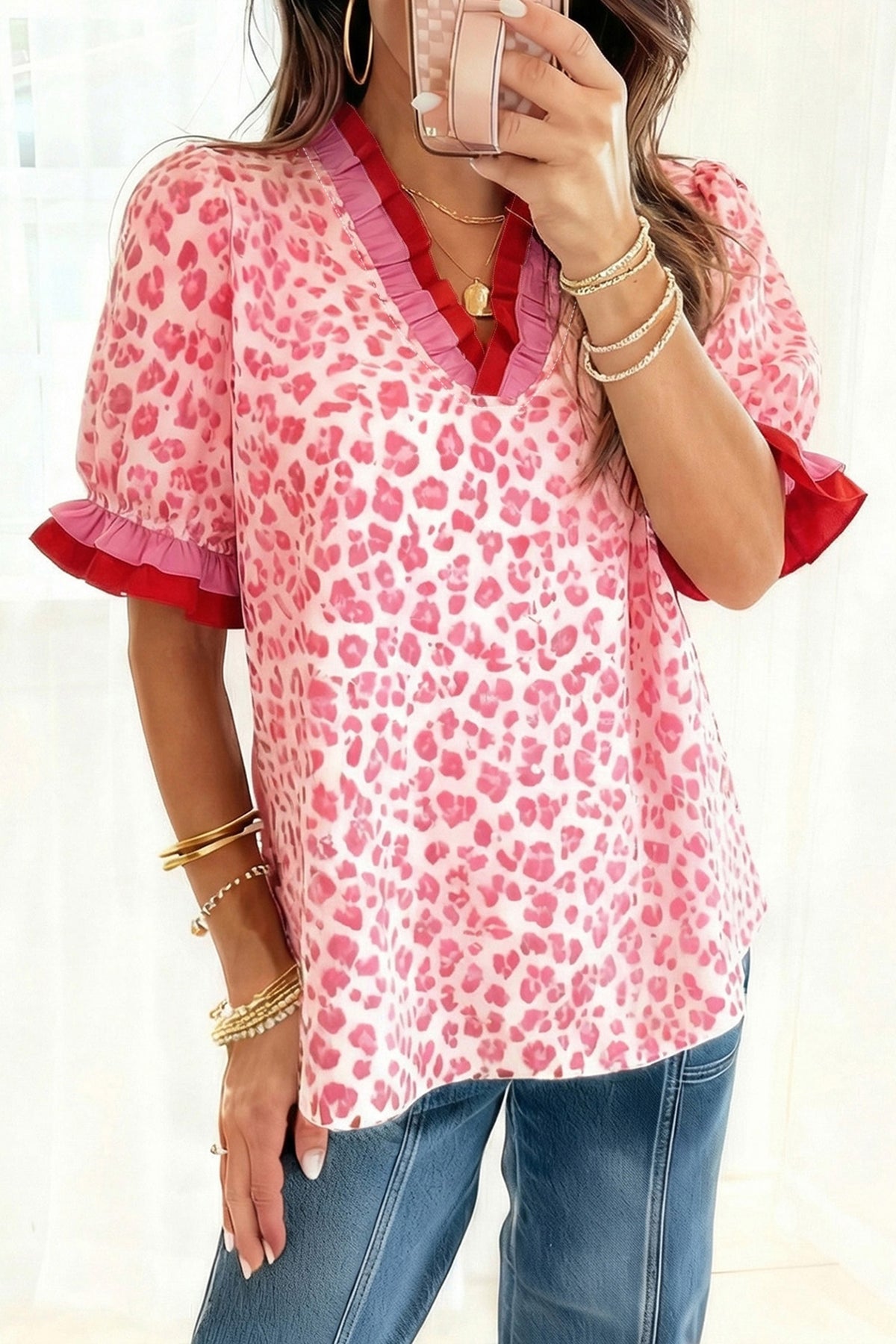 Pink Stripe Ruffled Trim V Neck Leopard Print Short Sleeve Blouse
