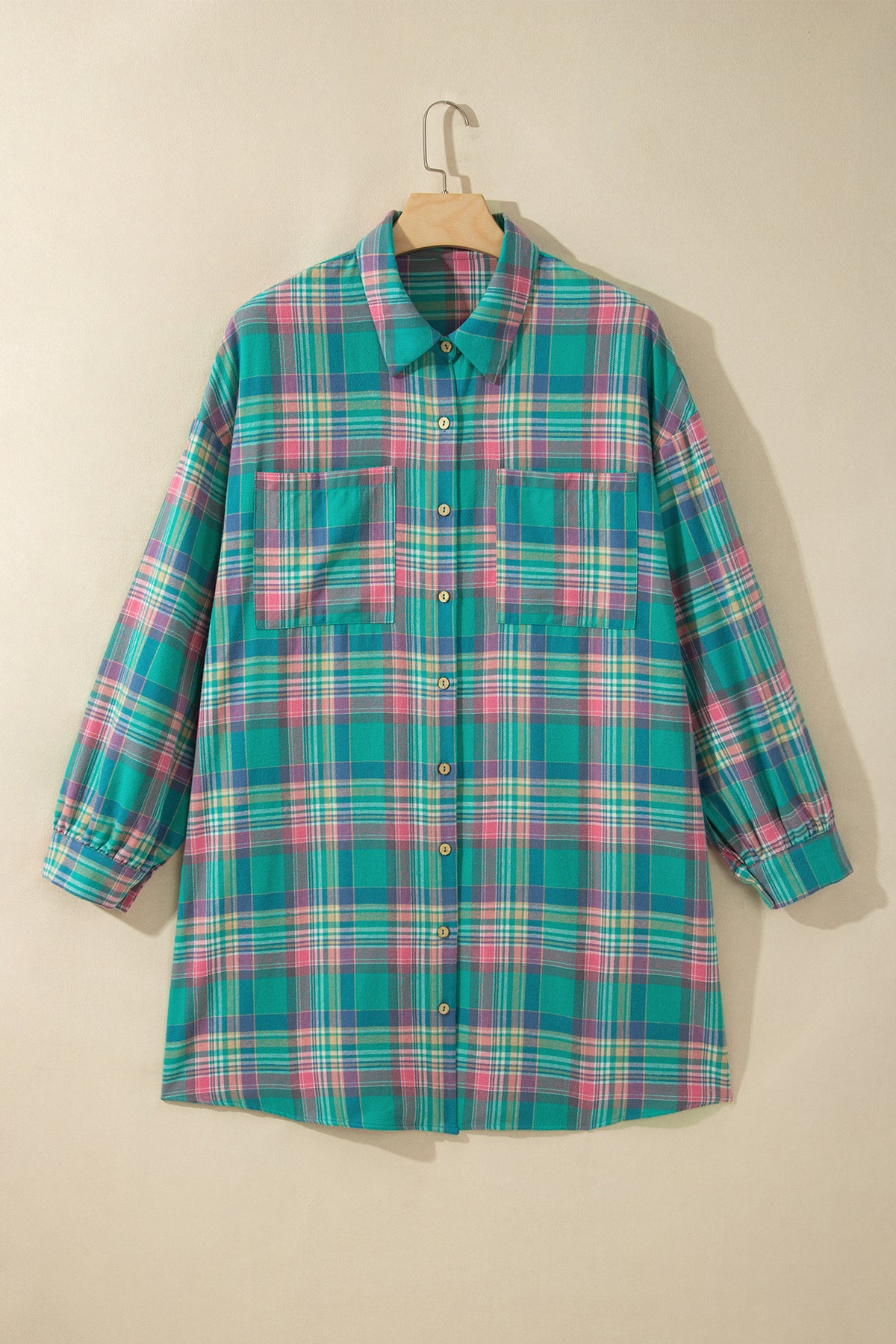 Green Plaid Button-Up Shift Long-Sleeve V-Neck Plus Size Dress