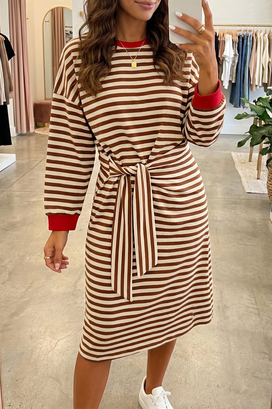 Brown Stripe Colorblock Cuffs Long Sleeve Shift Dress