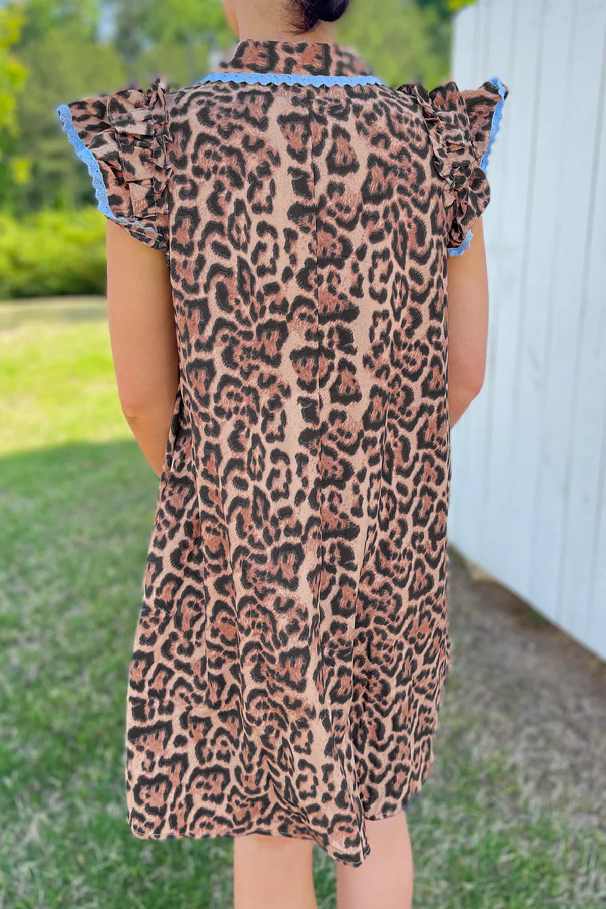 Khaki Leopard Print Lace Trim Shirt Collar Button Down Mini Dress