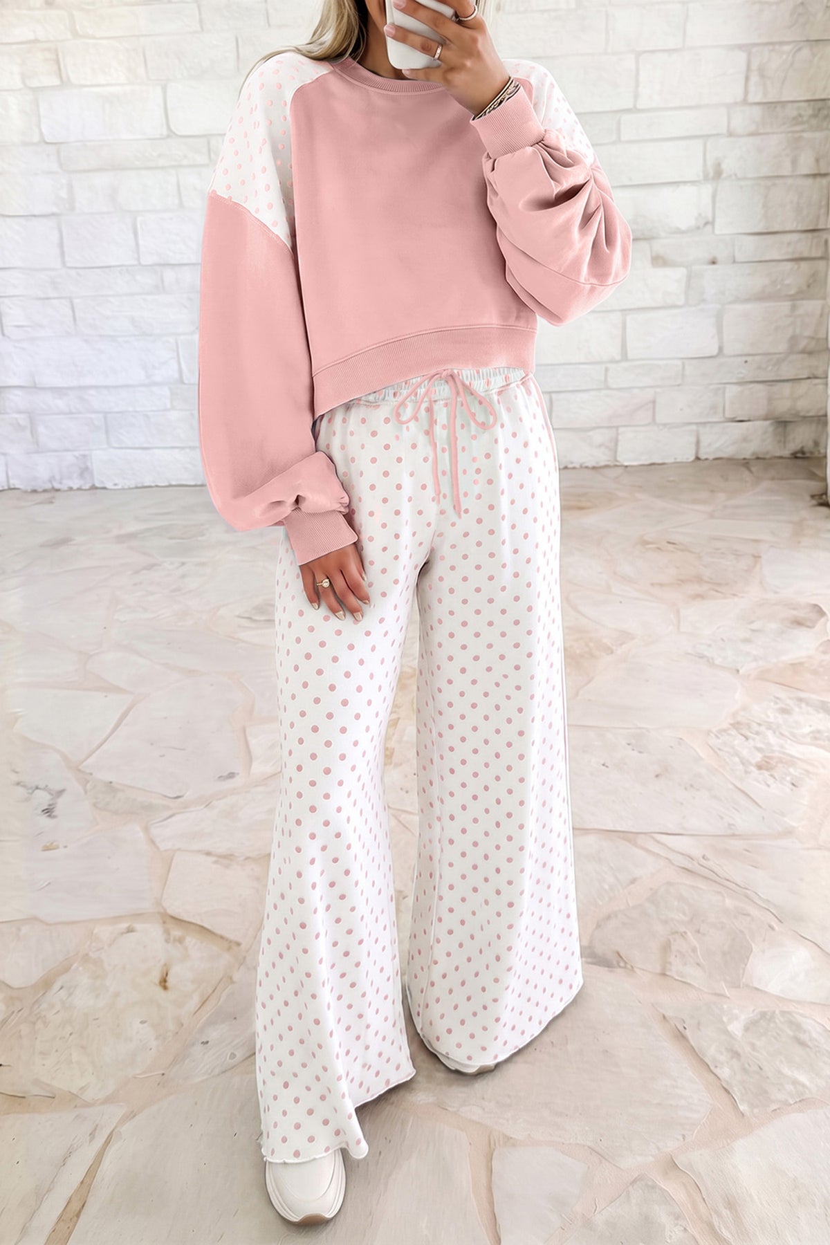 Women's Green Polka Dot Patchwork Colorblock Long-Sleeve Casual Two-Piece Pants Set