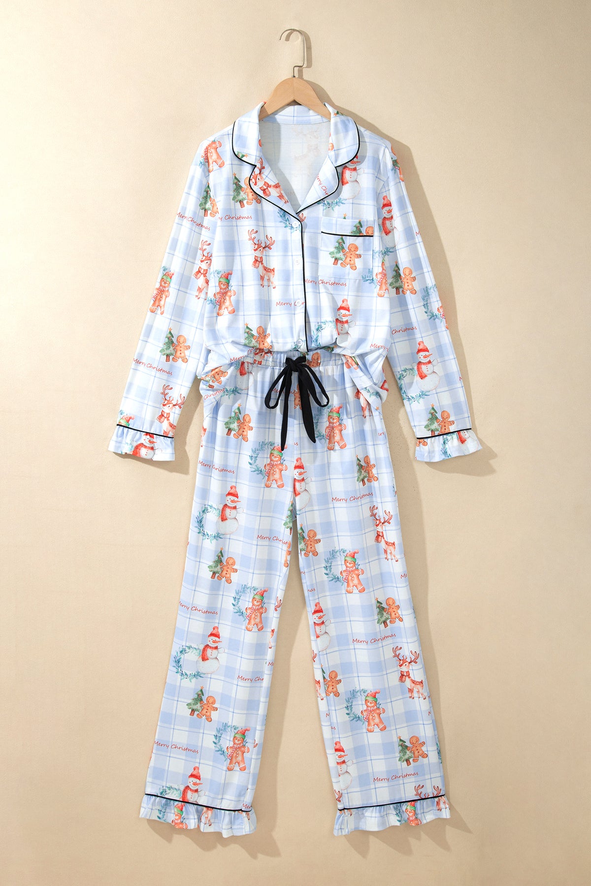 Sky Blue Plaid Cartoon Christmas Pattern Shirt Top Pajama Set