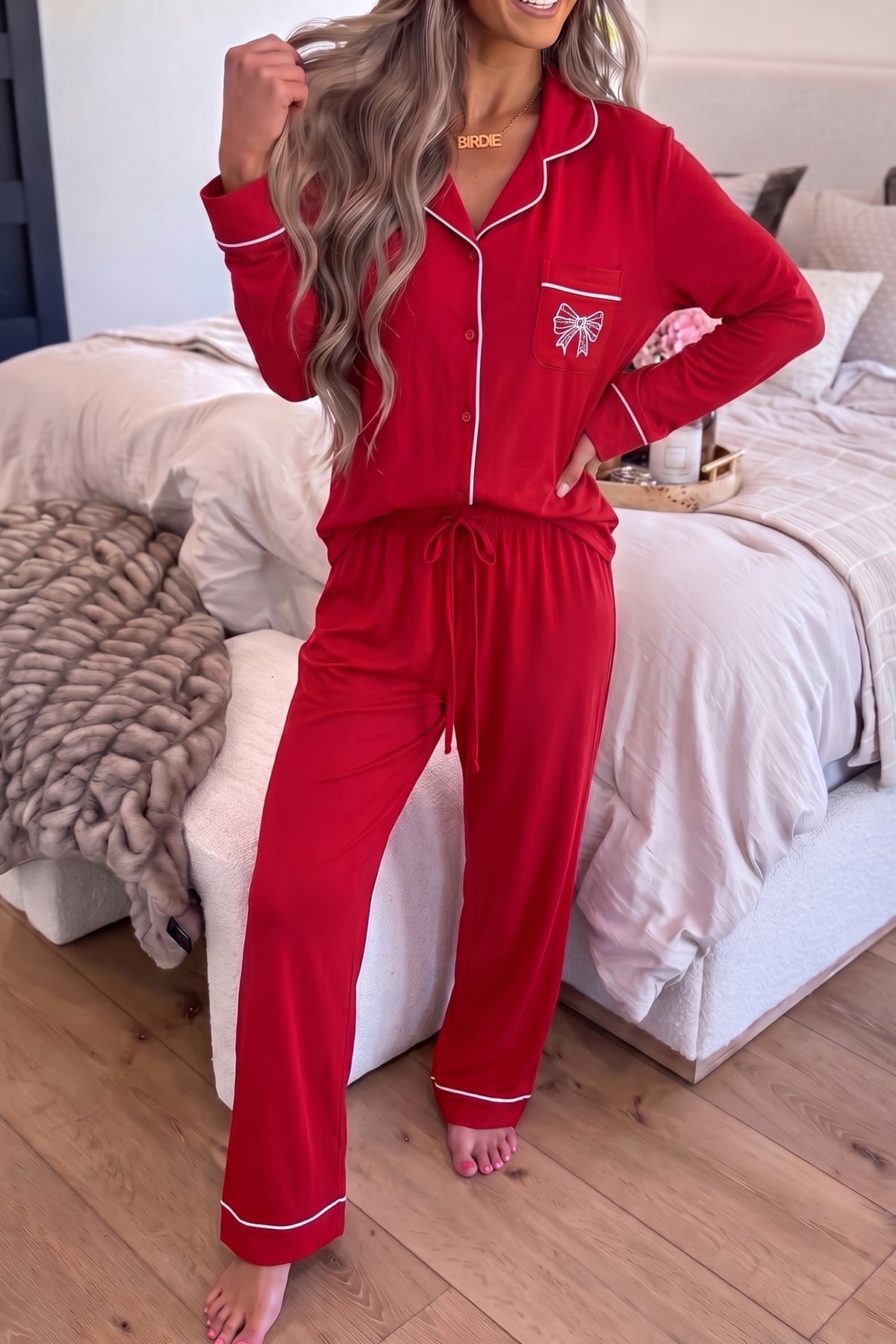 Racing Red Bow Pocket Long Sleeve Pajama Set