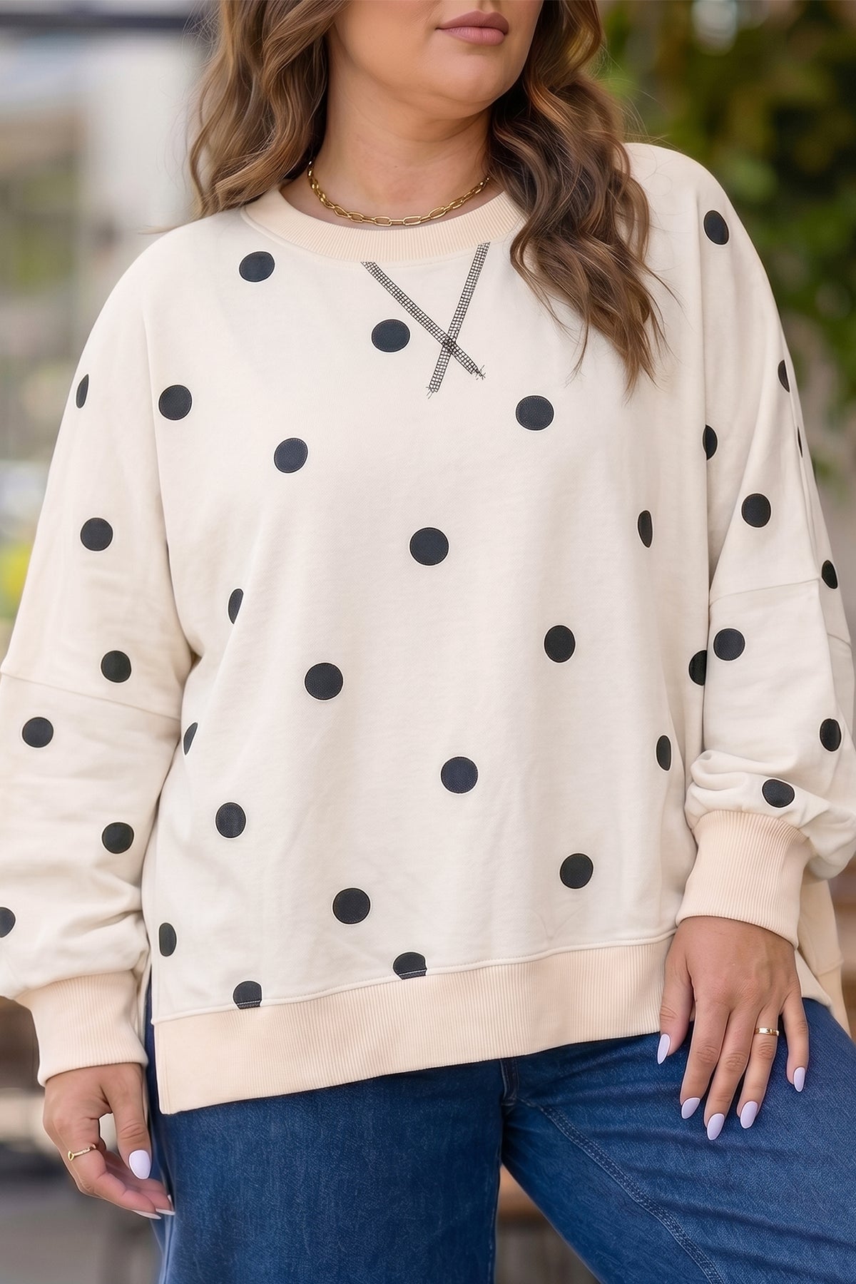 Yellow Round-Neck Long-Sleeve Polka Dot Plus Size Top