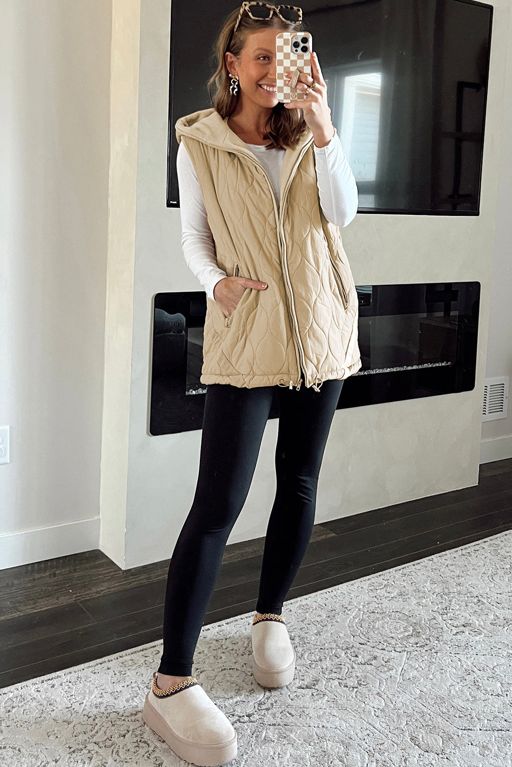 Pale Khaki Quilted Padded Winter Jacket Vest with Fleece Lining