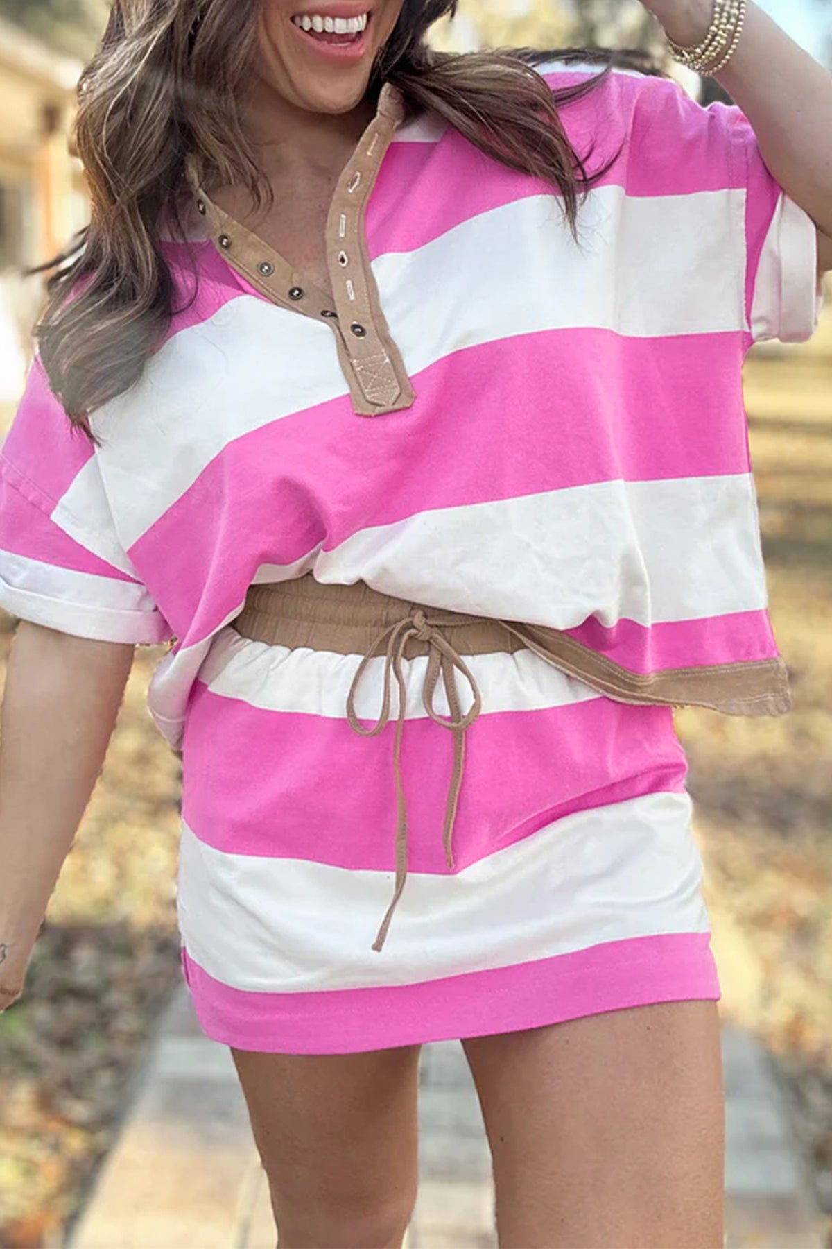 Women's Rose Stripe Colorblock Trim Polo Tee Drawstring Mini Skort Two-Piece Set
