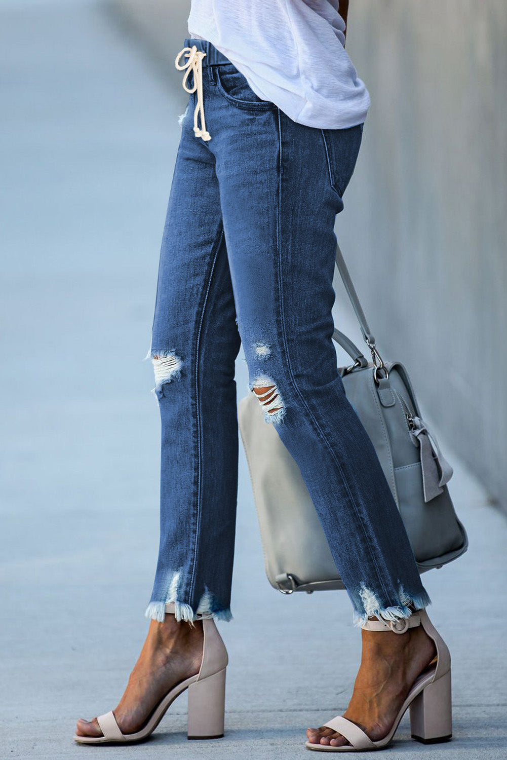 Dark Blue Elastic Waist Straight Leg Destroyed Raw Hem Jeans