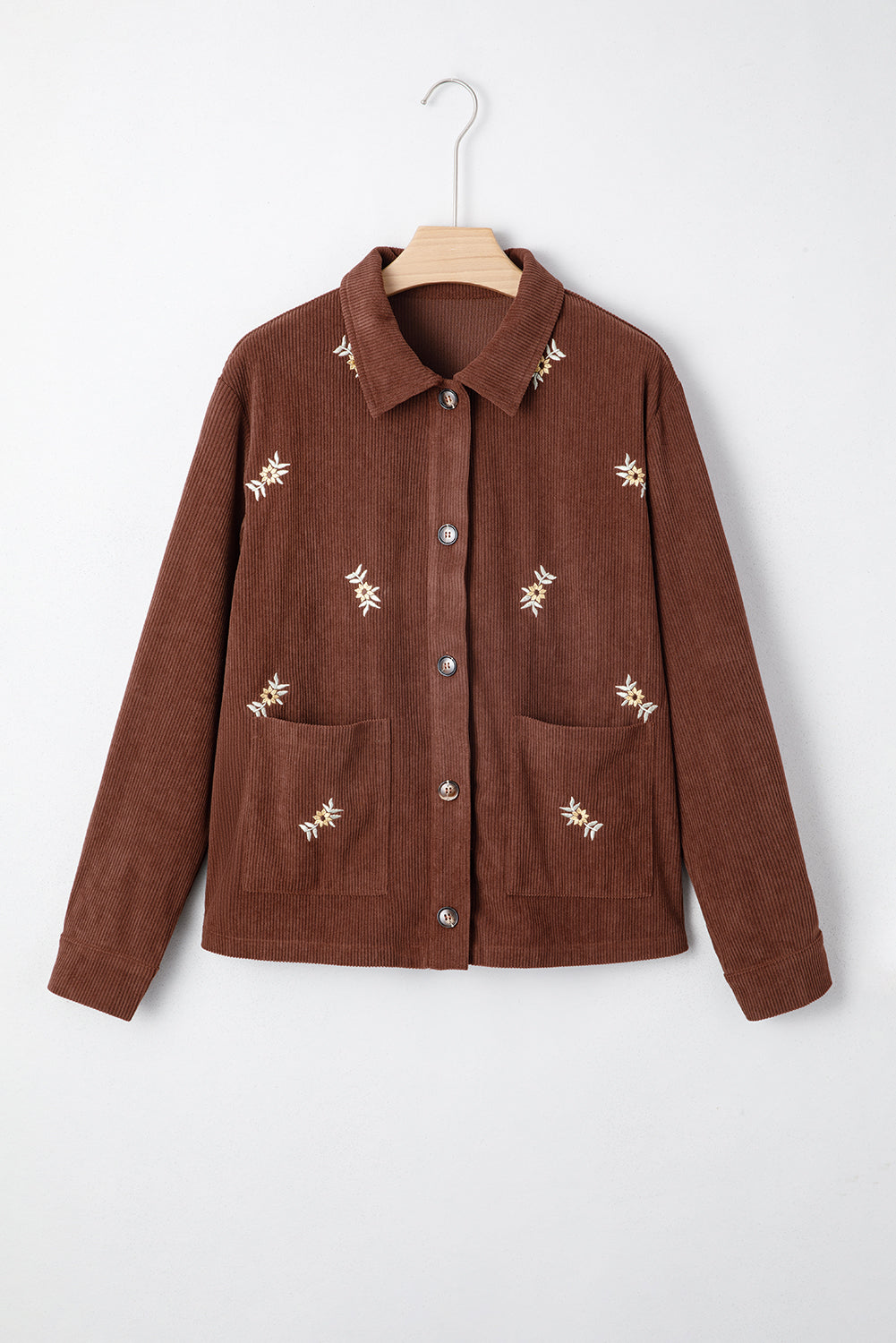 Coffee Floral Embroidered Collar Corduroy Jacket With Pocket