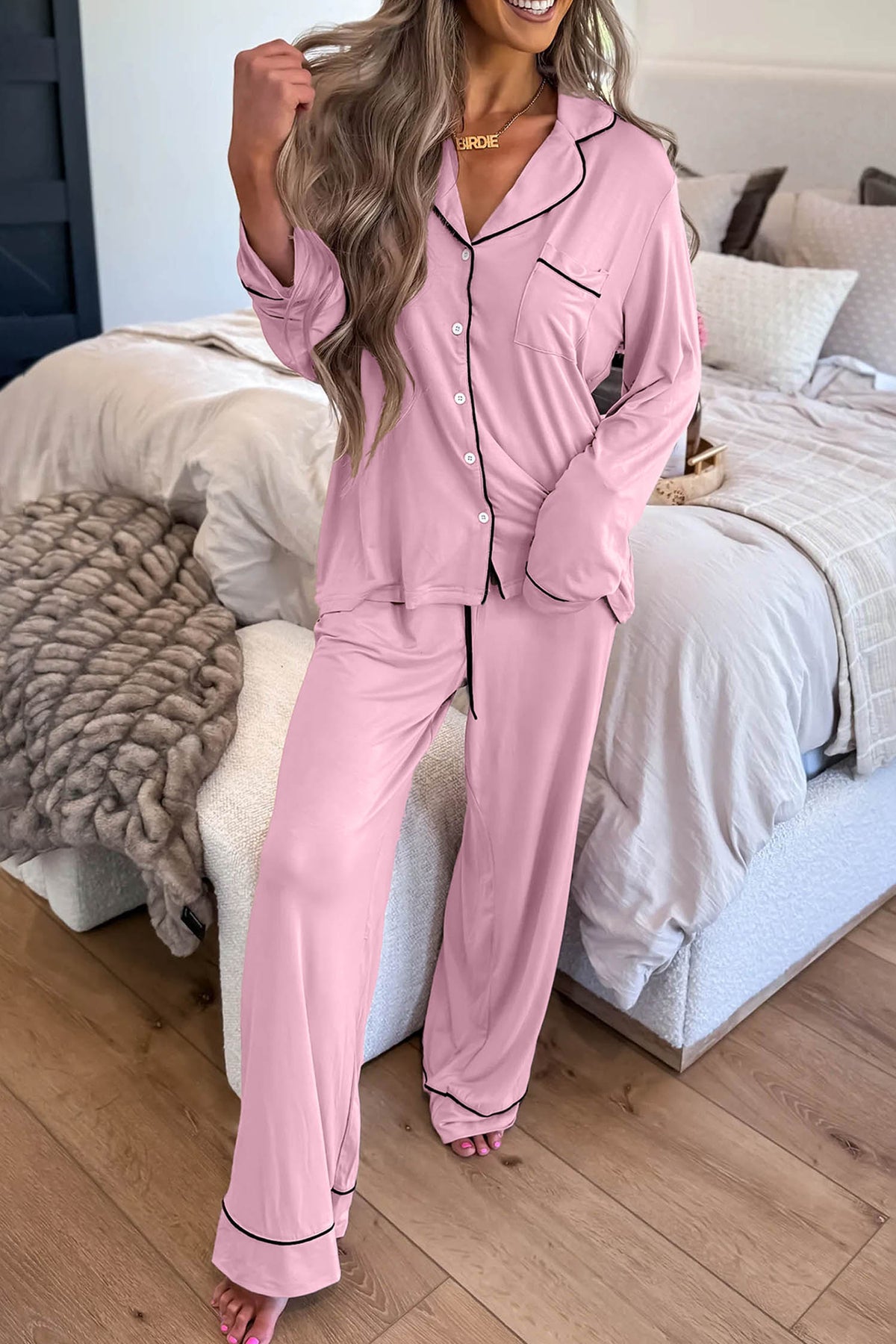 Delicacy Contrast Piping Lapel Button Down Pajama Set