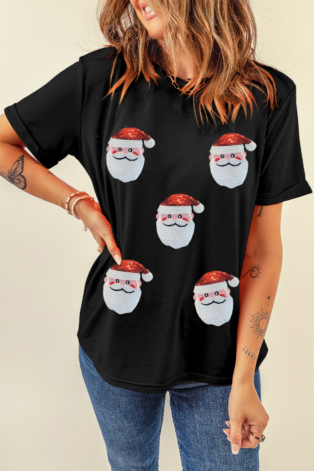 Black Faux Sequin Christmas Claus Pattern Crewneck T-Shirt