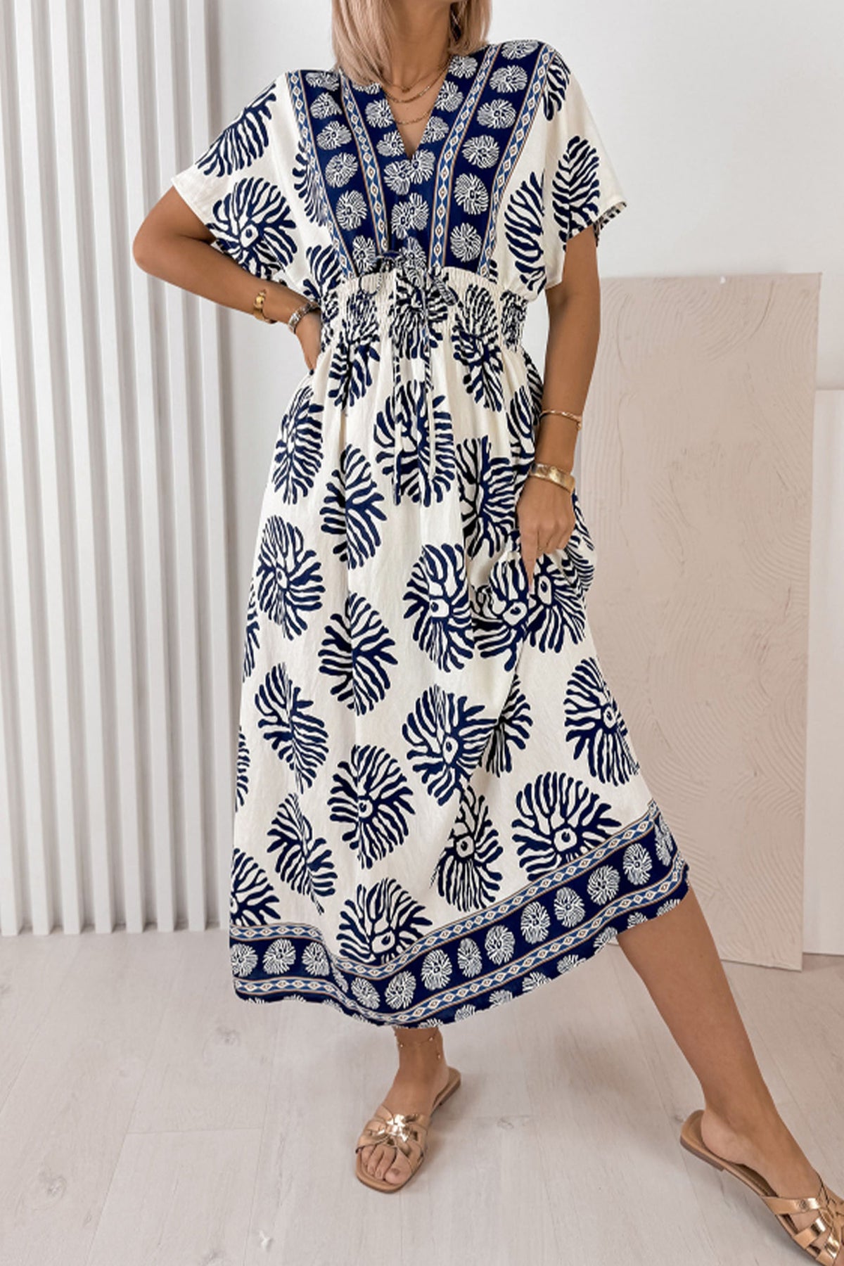 Blue Floral V-Neck Maxi Dress