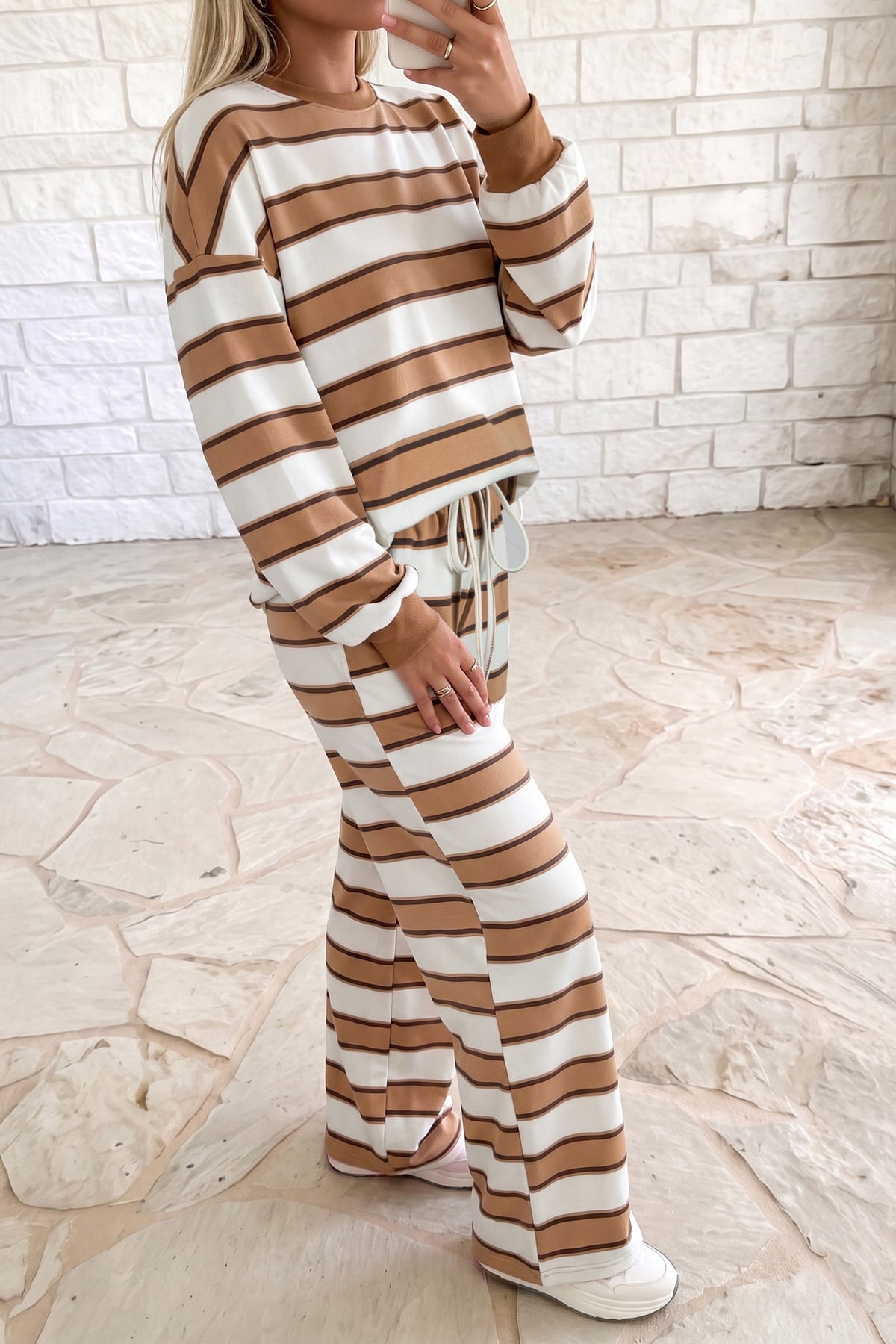 Women's Khaki Stripe Contrast Trim Patchwork Casual Two-Piece Pants Set