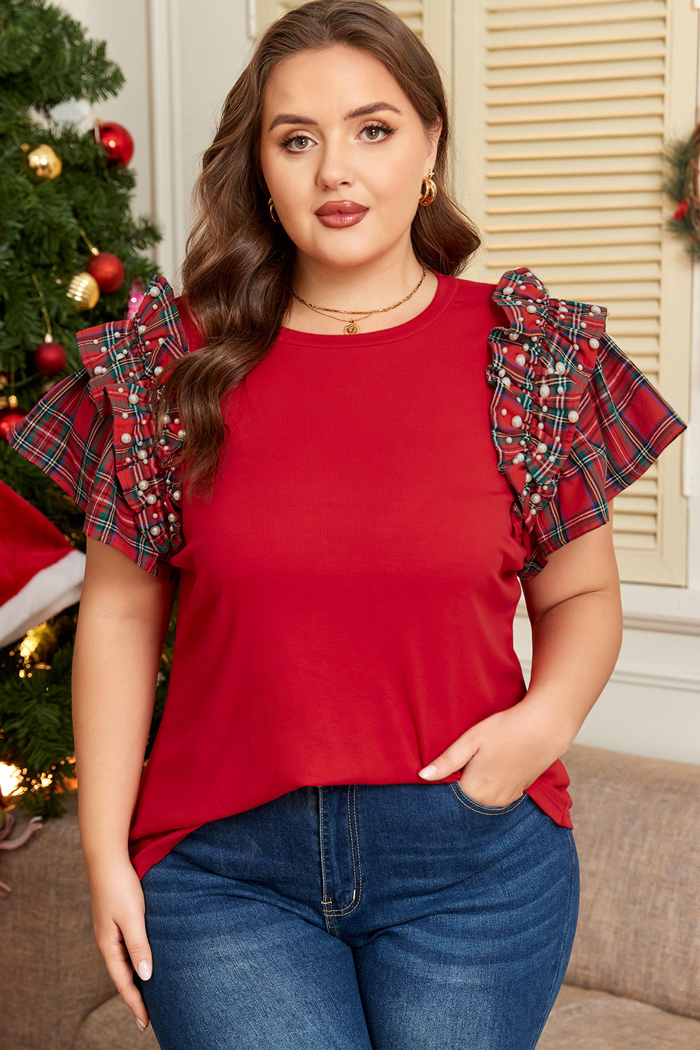 Racing Red Plaid Pearl Ruffled Short-Sleeve Knitted Christmas Holiday Plus Size T-shirt