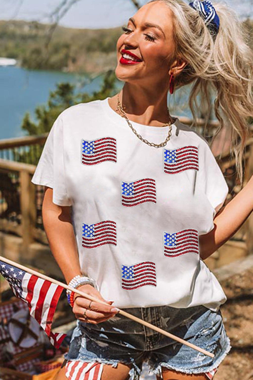 White Sequin American Flag Patched Casual T-Shirt