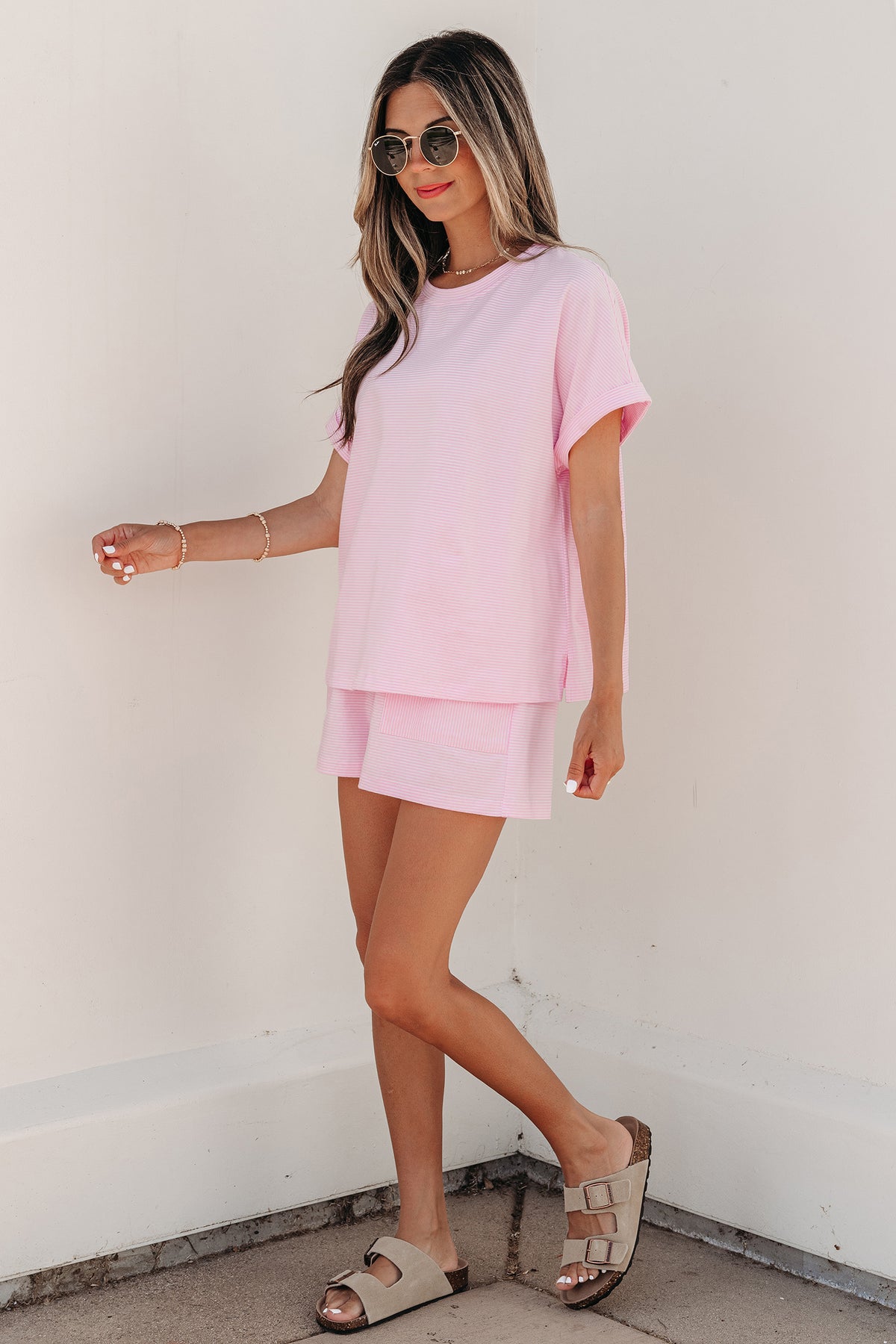 Women's Pink Stripe Matching Oversized Tee and Shorts Set