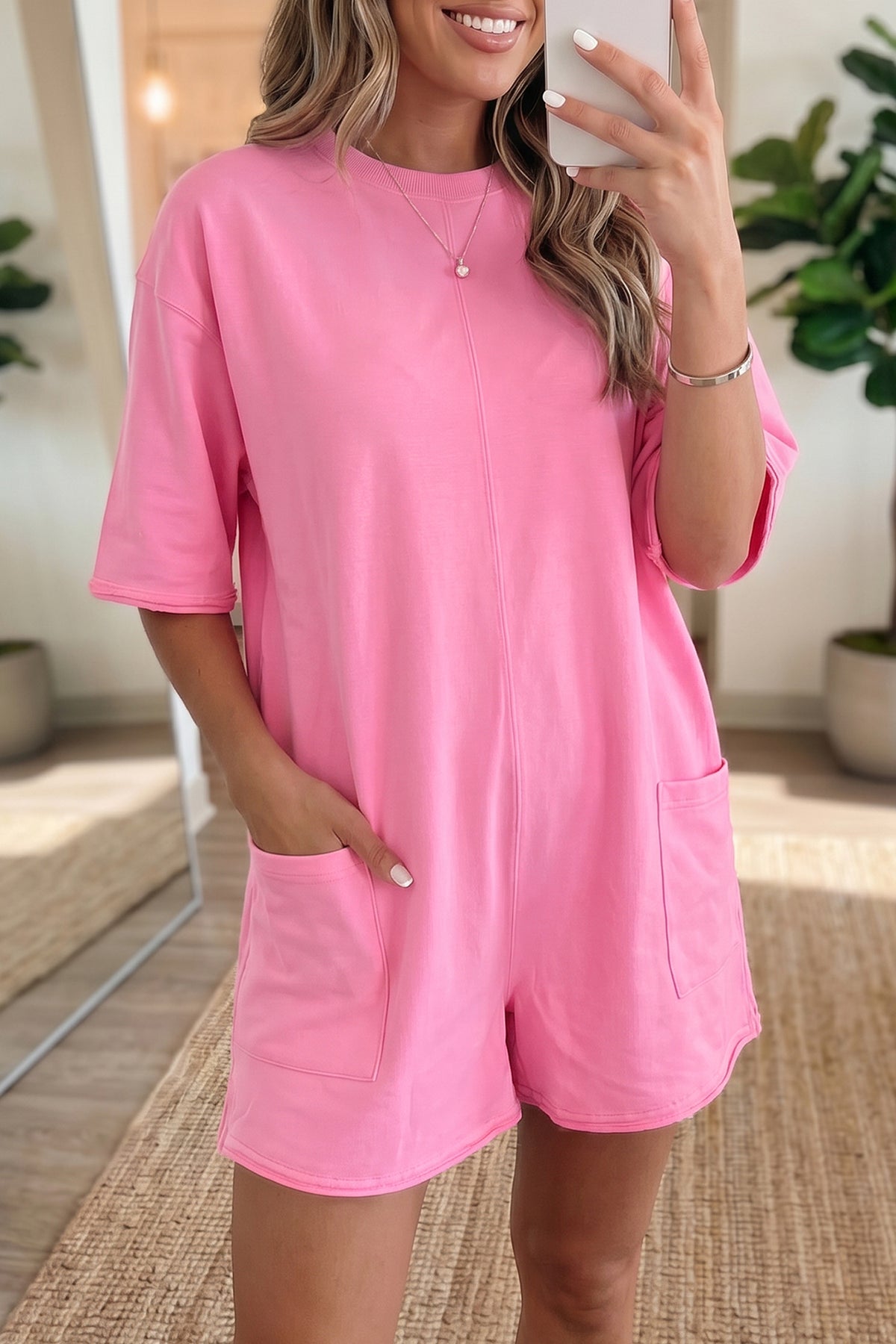 Fiery Red Solid Raw Edge Half Sleeve Pocketed Loose Romper