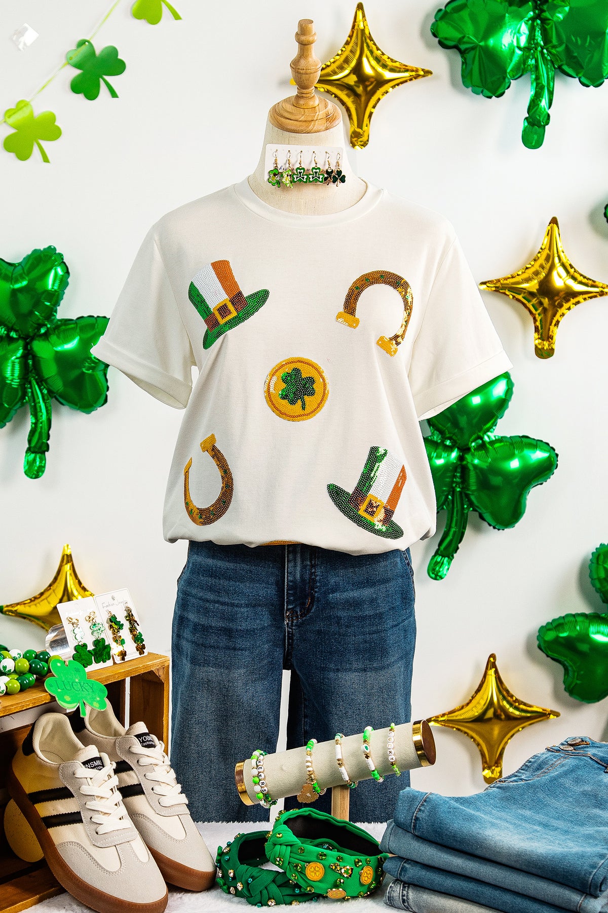 White St Patricks Day Sequin Graphic Casual T-Shirt