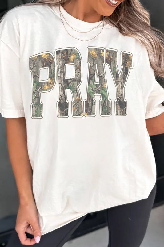 White PRAY Camo Letter Print Casual Round Neck T-Shirt