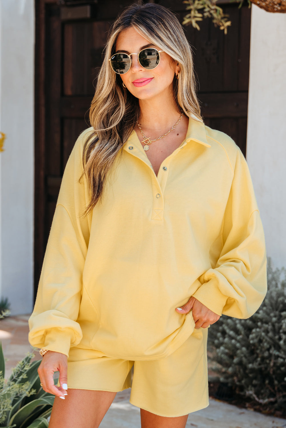Women's Yellow Cream Button Collar Drop Shoulder Pullover and Shorts Two-Piece Outfit Set