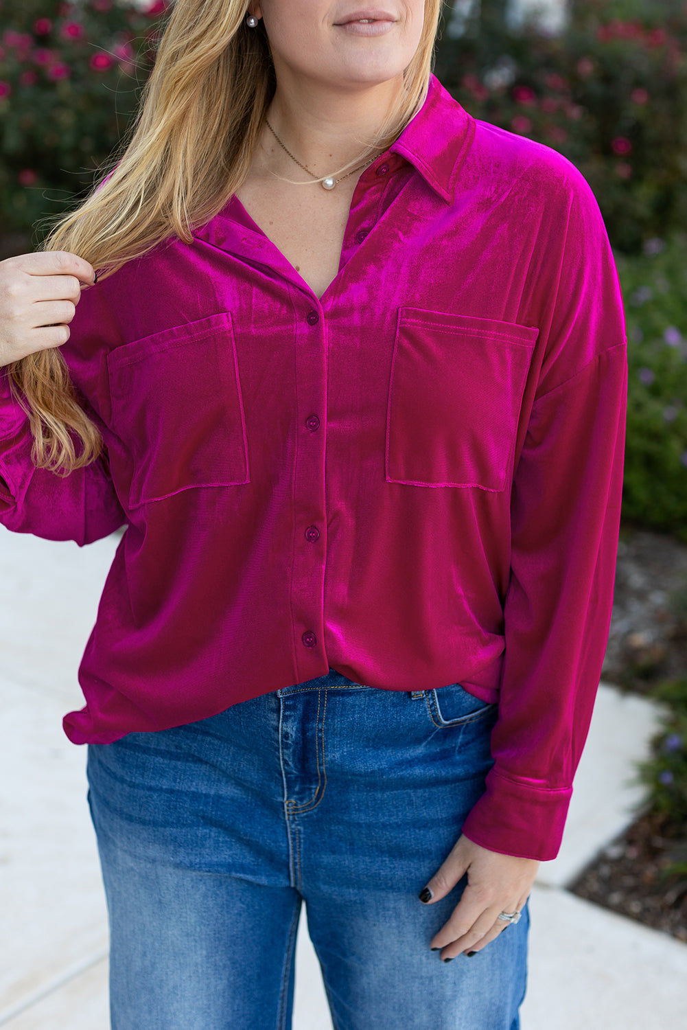 Bright Pink Plus Size Velvet Chest Pocket Drop-Shoulder Shirt