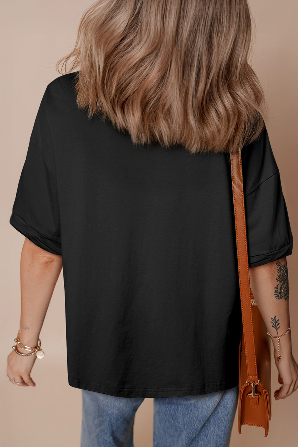 Black Sequin Rugby Football Patched Crewneck Loose T-Shirt