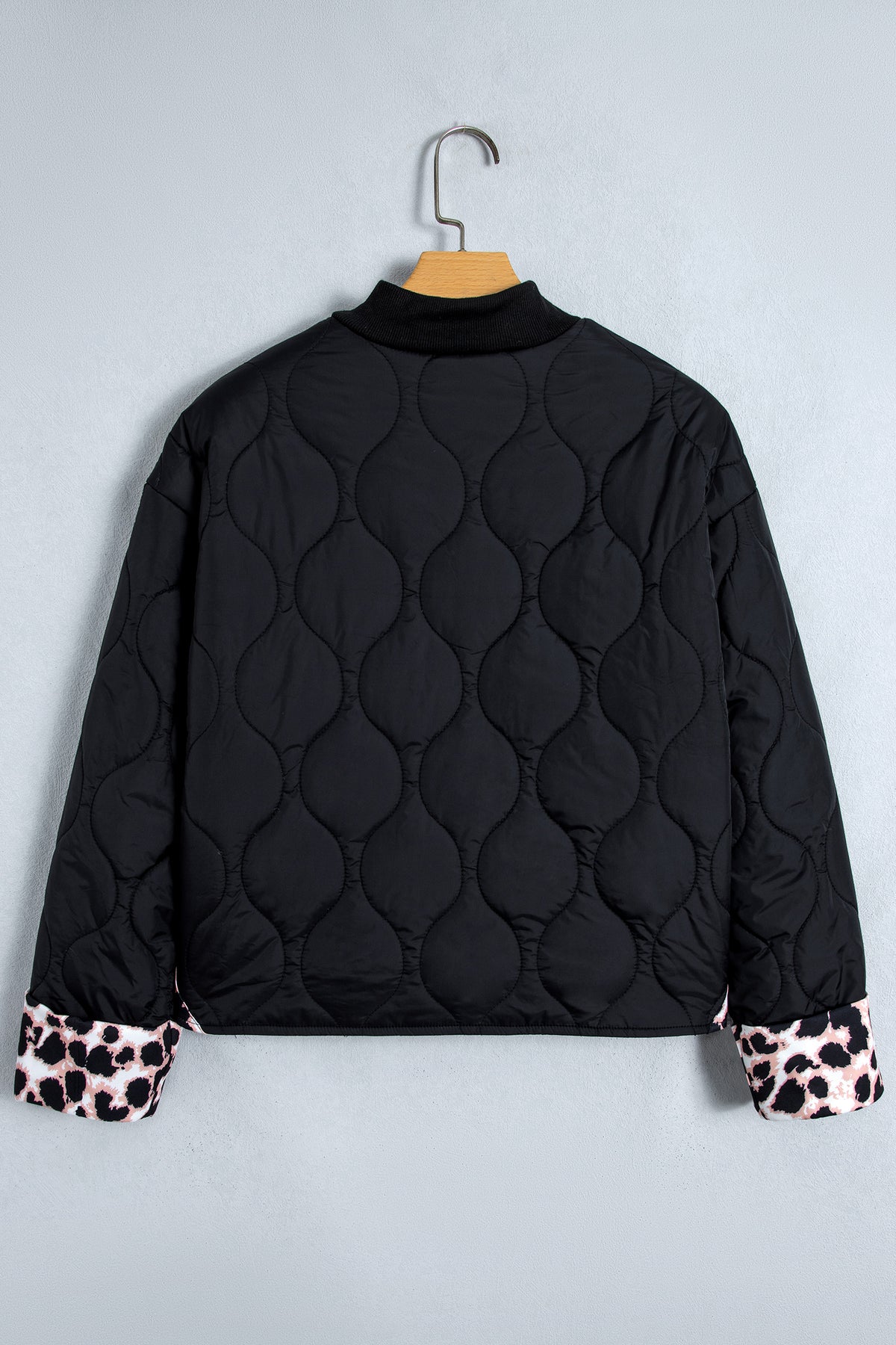 Black Quilted Leopard Cuff Button Down Puffer Jacket