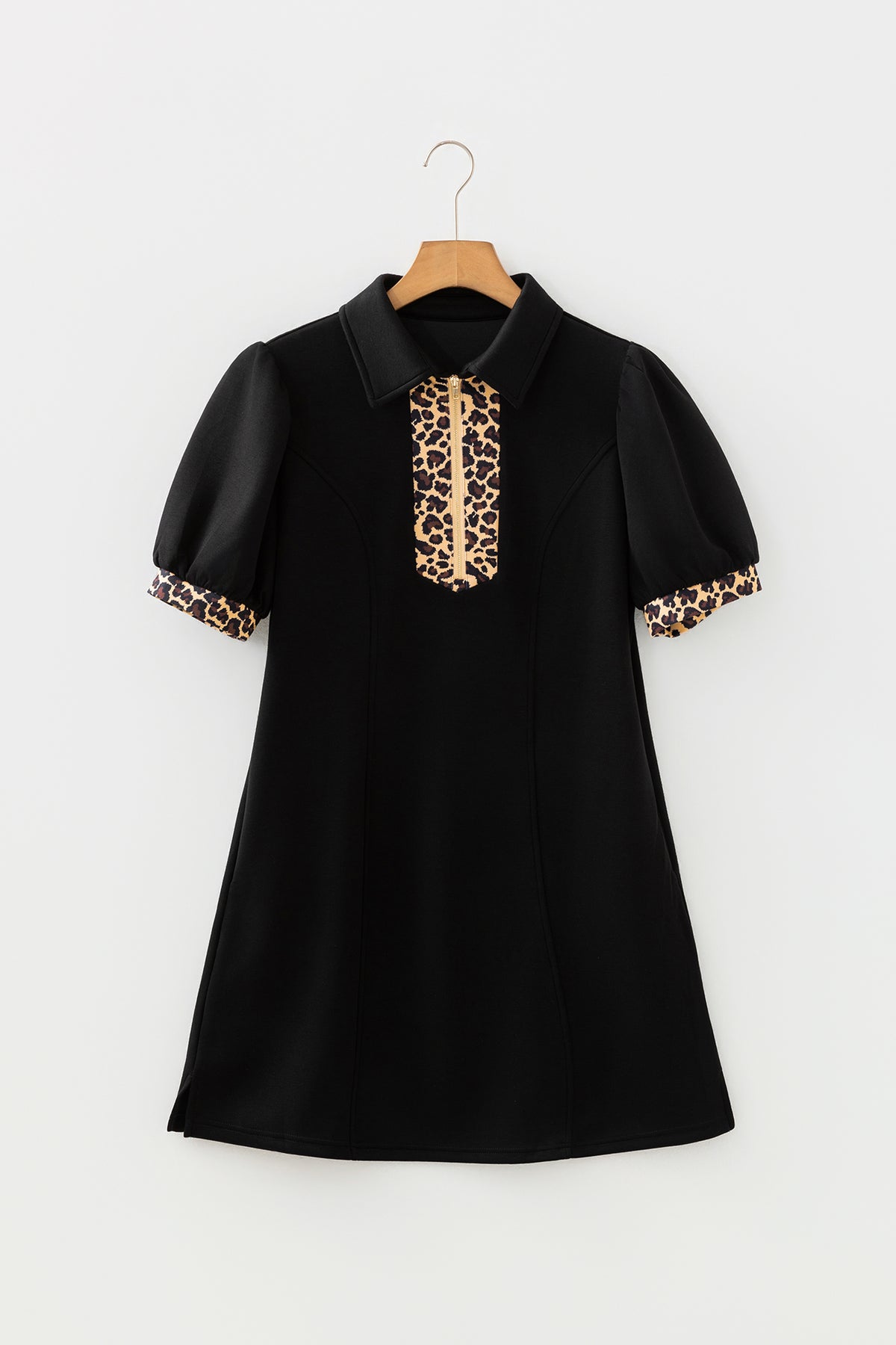 Black Leopard Patchwork Zip Short Puff Sleeve Shift Mini Dress