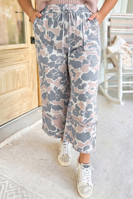 Khaki Camouflage Print Patch Pockets Ankle-Length Pants