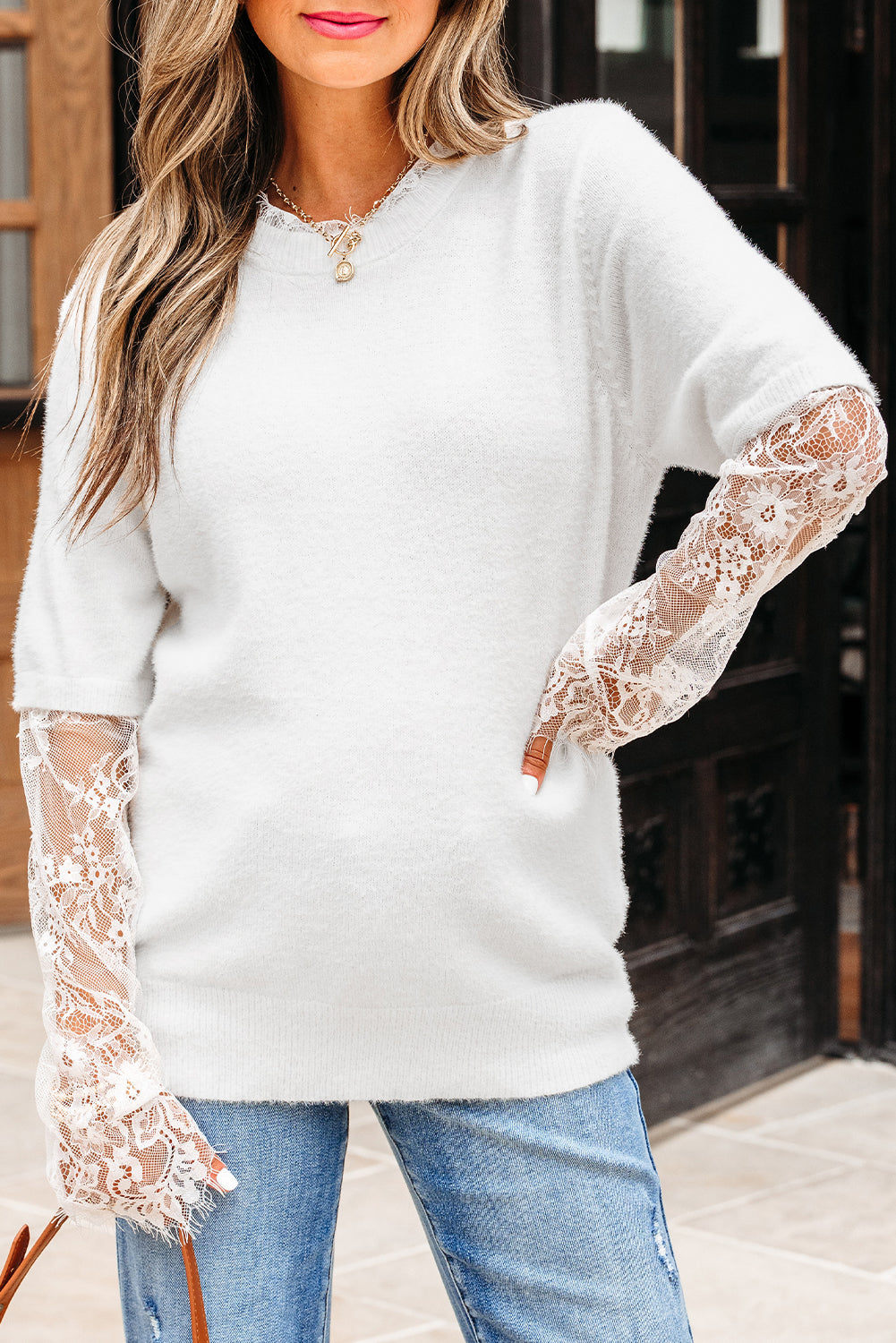 Beige Lace Sleeve Patchwork Faux Two-piece Fuzzy Sweater