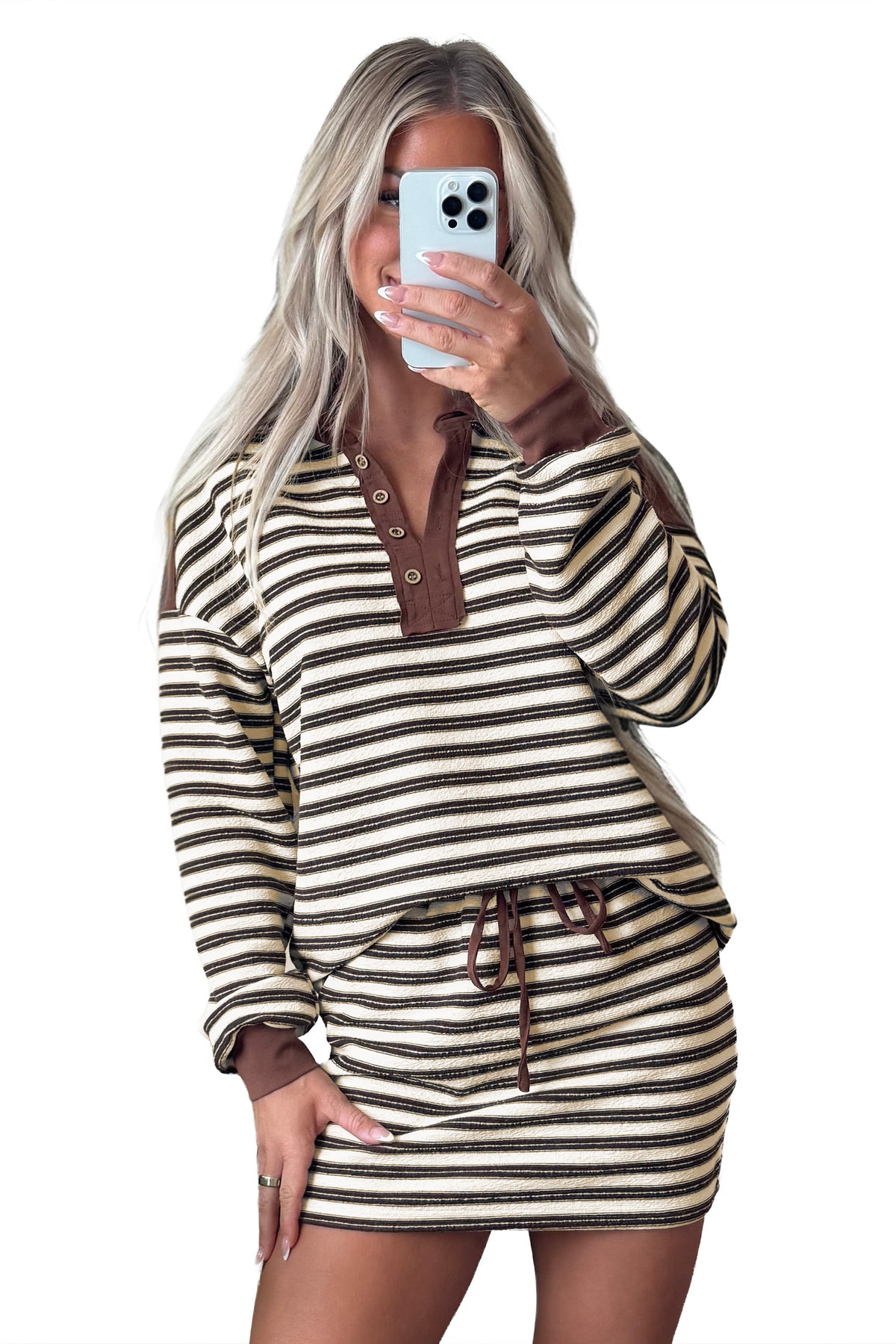 Women's Brown Stripe Contrast Trim Button Neck Long-Sleeve Top Drawstring Mini Skirt Set
