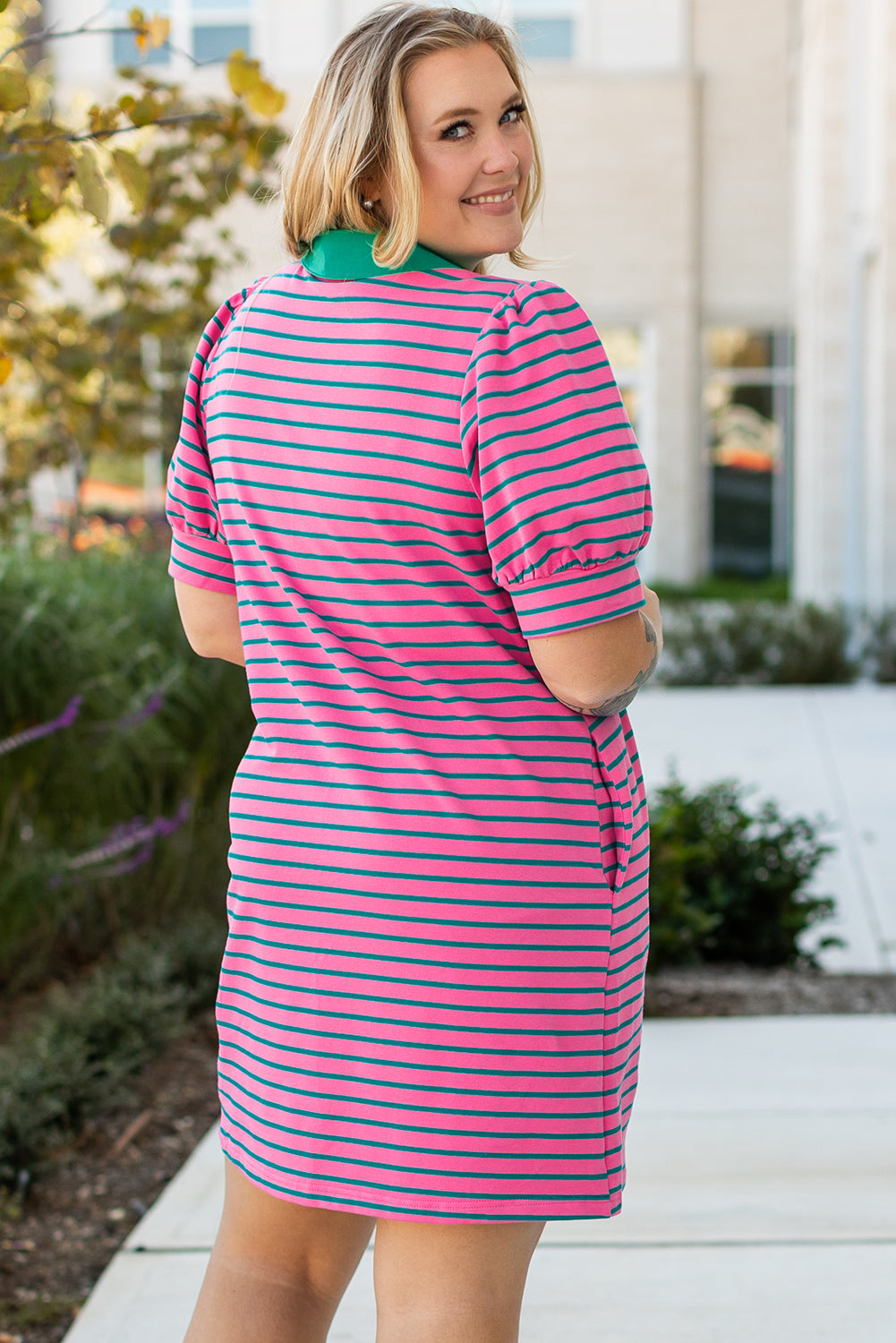 Rose Stripe Collared V-Neck Puff Sleeve Shift T-Shirt Dress with Pockets