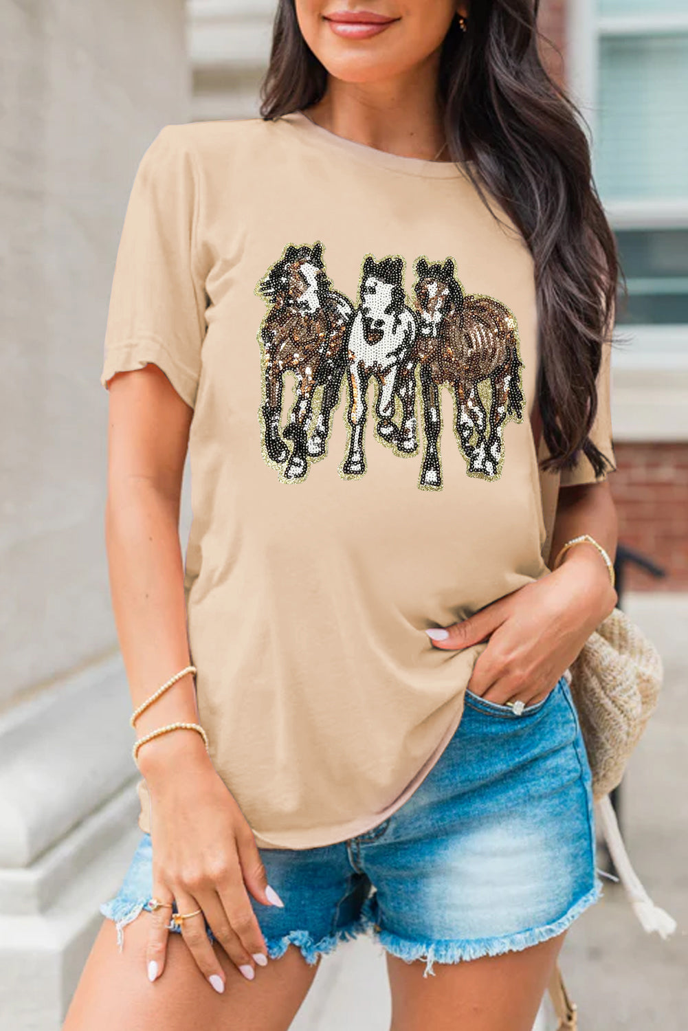 Khaki Sequin Horses Patched Casual Crewneck T-Shirt