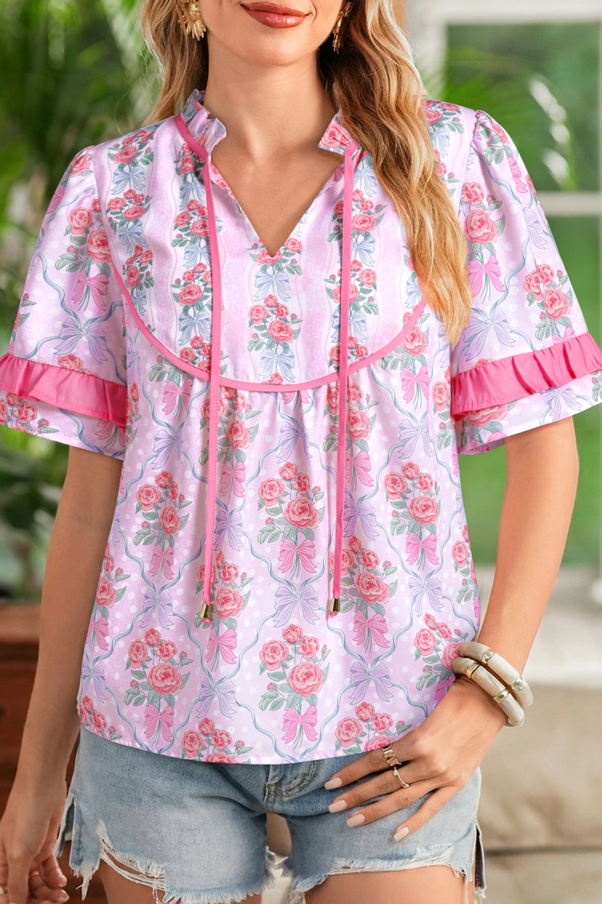 Purple Coquette Floral Bow Contrast Ruffled Short Sleeve Blouse