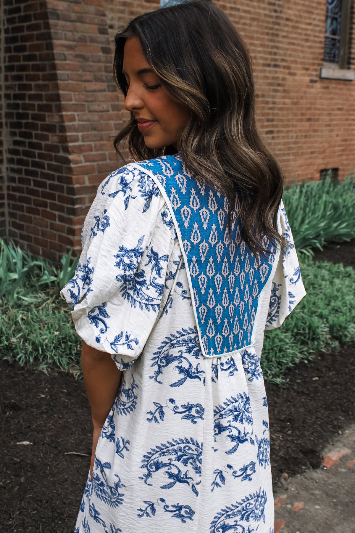 Sky Blue Boho Abstract Print V Neck Tassel Tie Dress