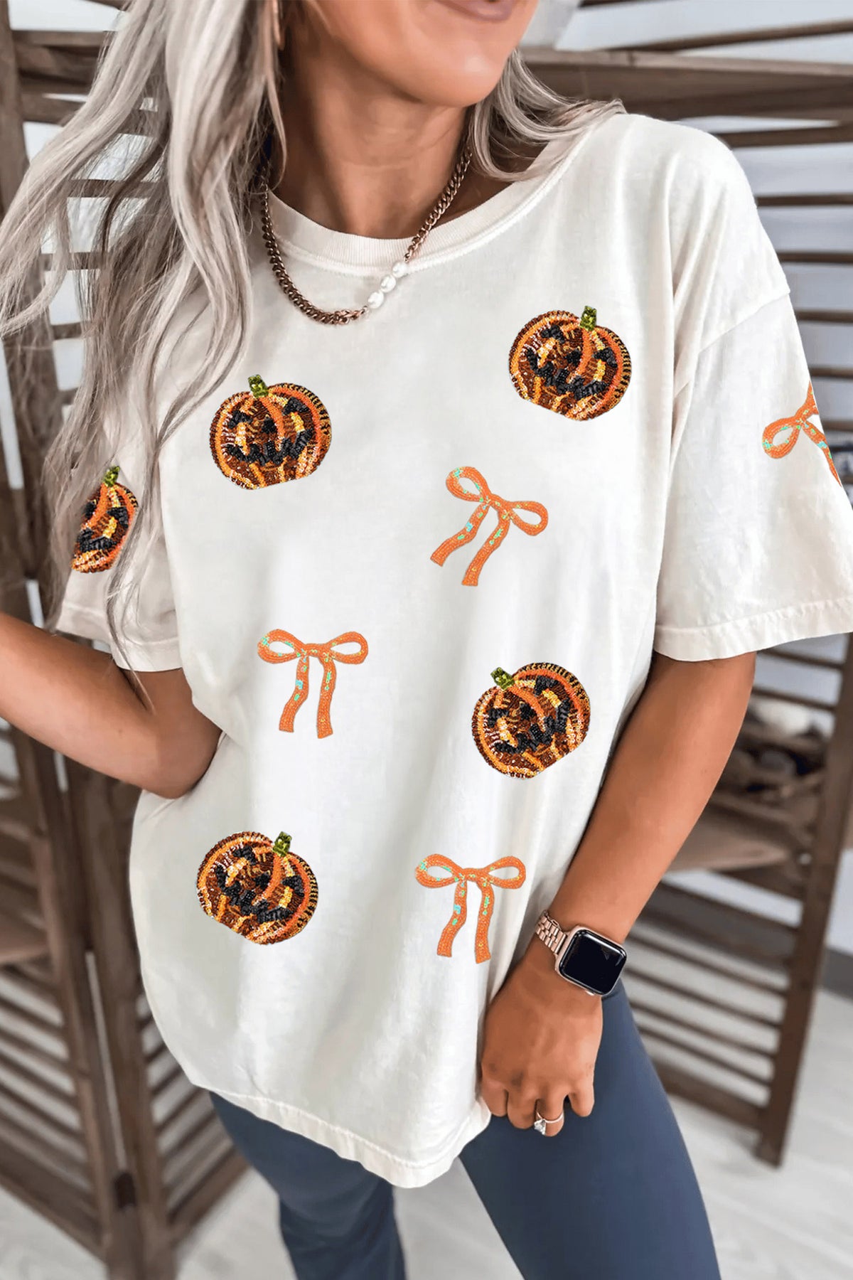 White Sequin Pumpkin Face Bow Halloween Graphic T-Shirt