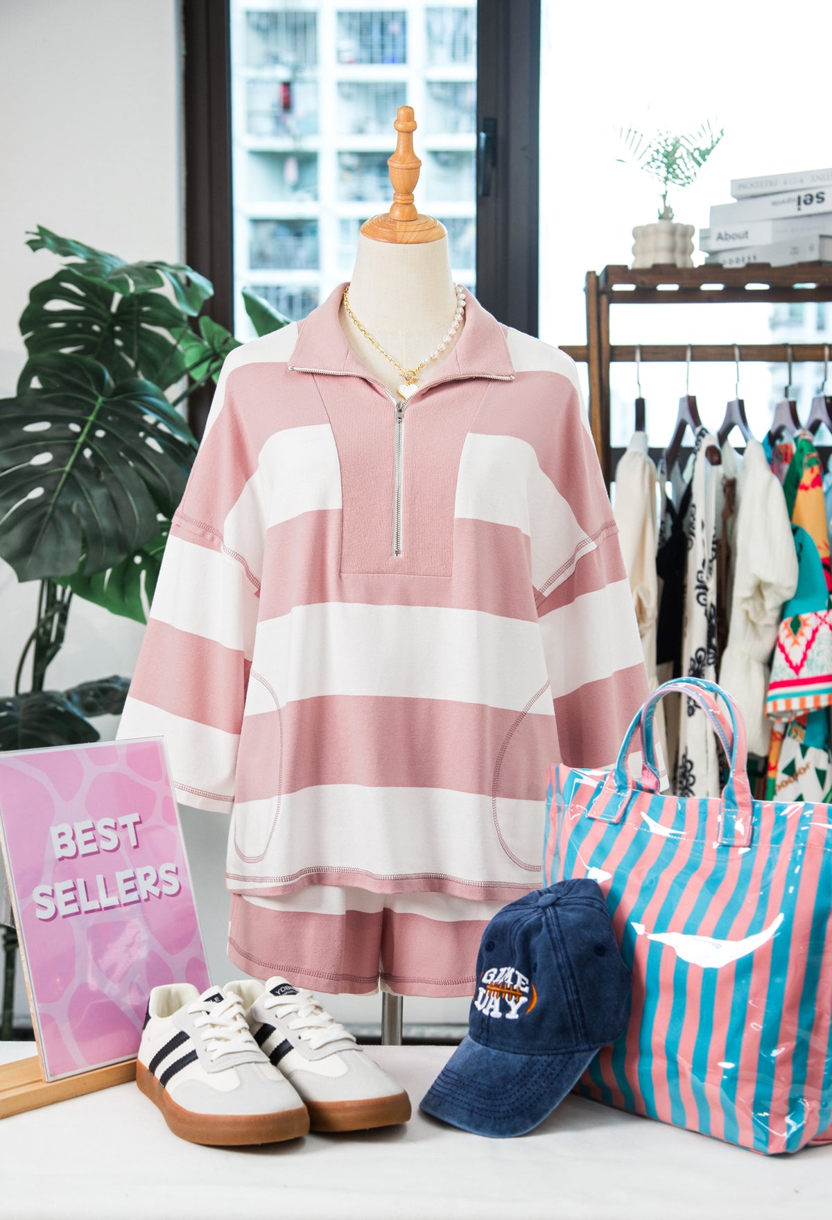 Women's Pink Stripe Half Zip Bracelet Sleeve Top Casual Shorts Set