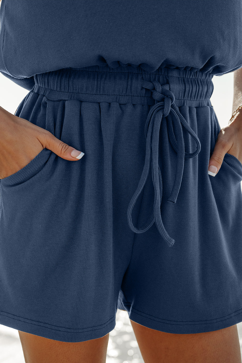 Ashleigh Blue Knit Open Back Cap Sleeve Drawstring Elastic Romper