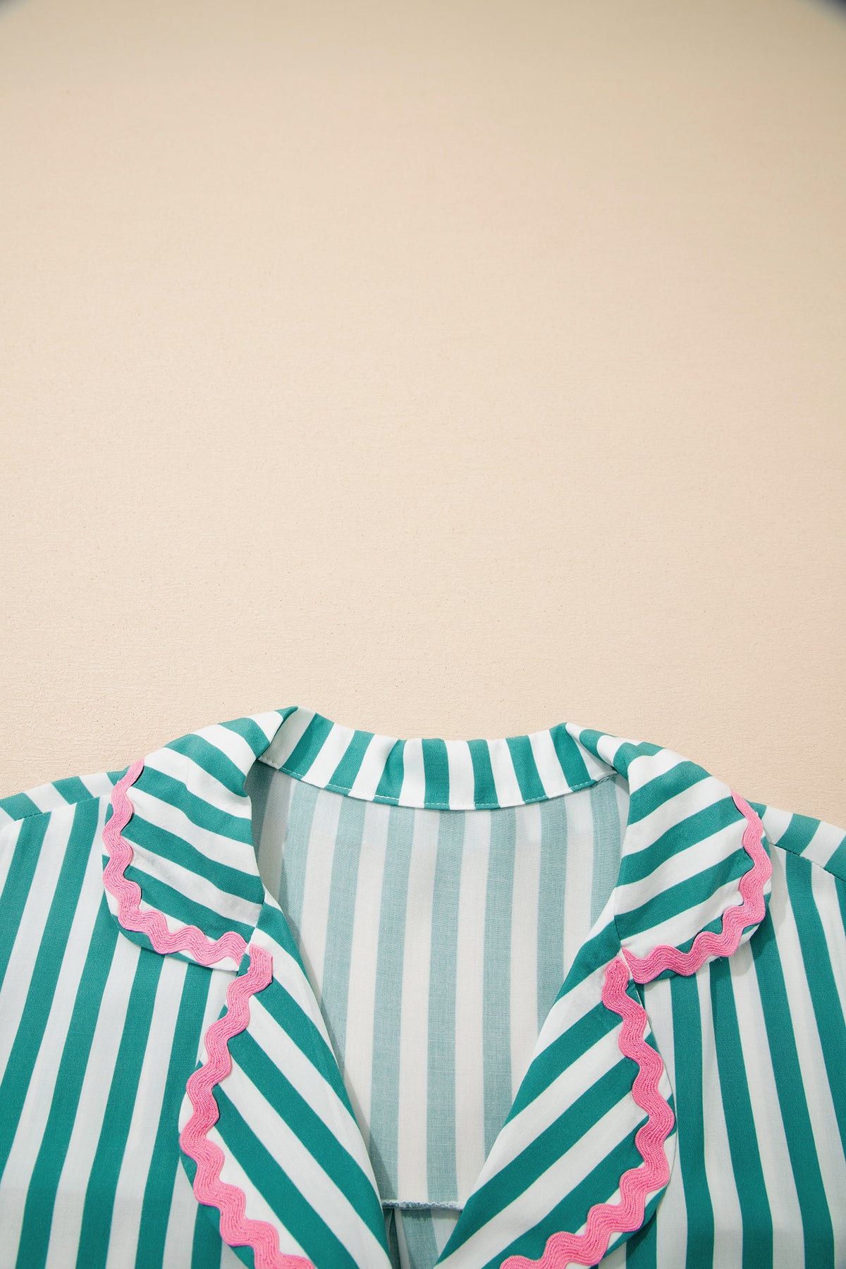 Green Stripe Ricrac Trim Long Sleeve Shirt and Ruffled Shorts Pajama Set