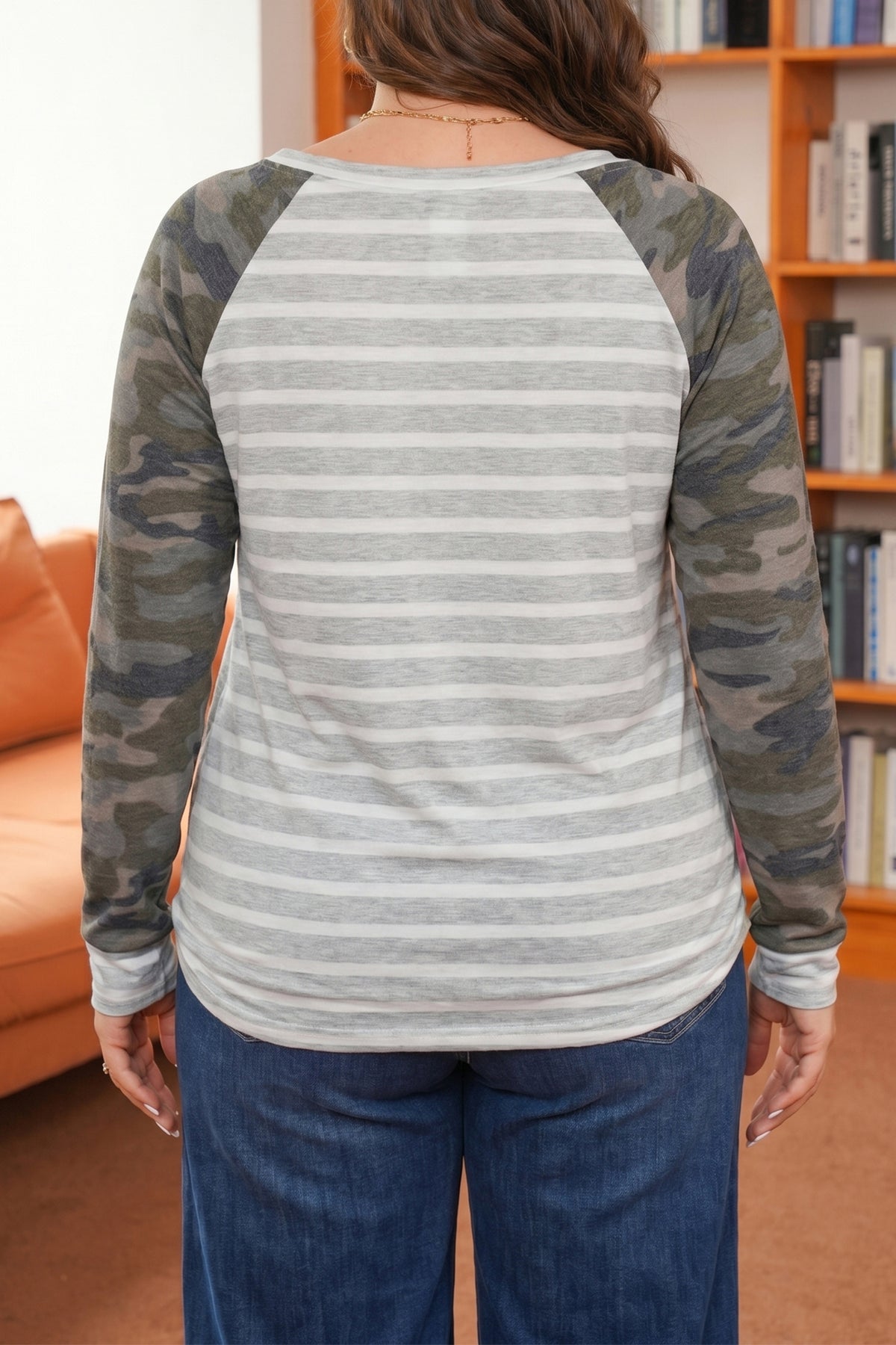 Gray Stripe Camo Sleeve Striped Color-Block Round-Neck Long-Sleeve Plus Size Blouse