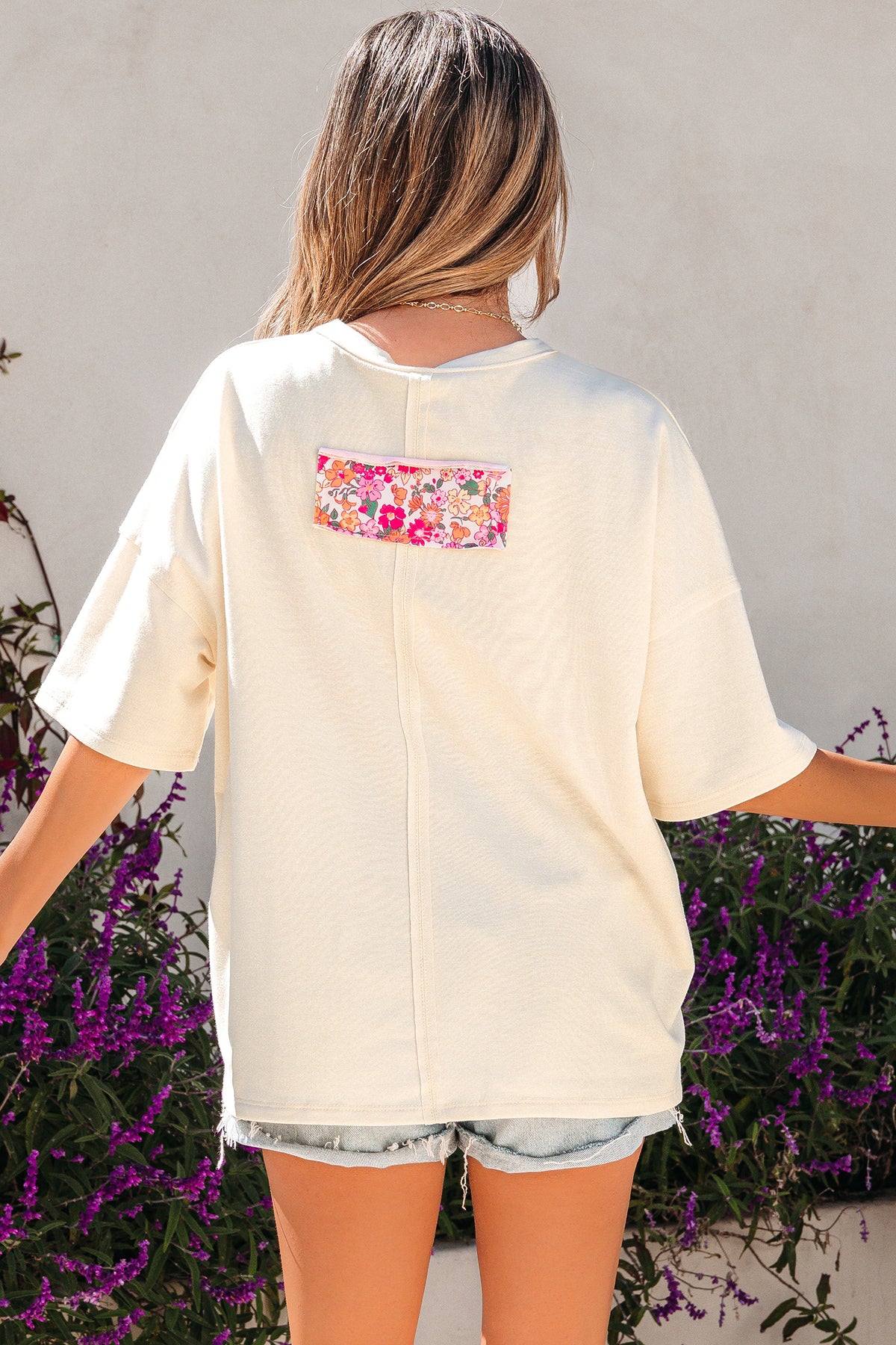 Bright Pink Floral Patched Raw Seam Big Flower Oversize Tee