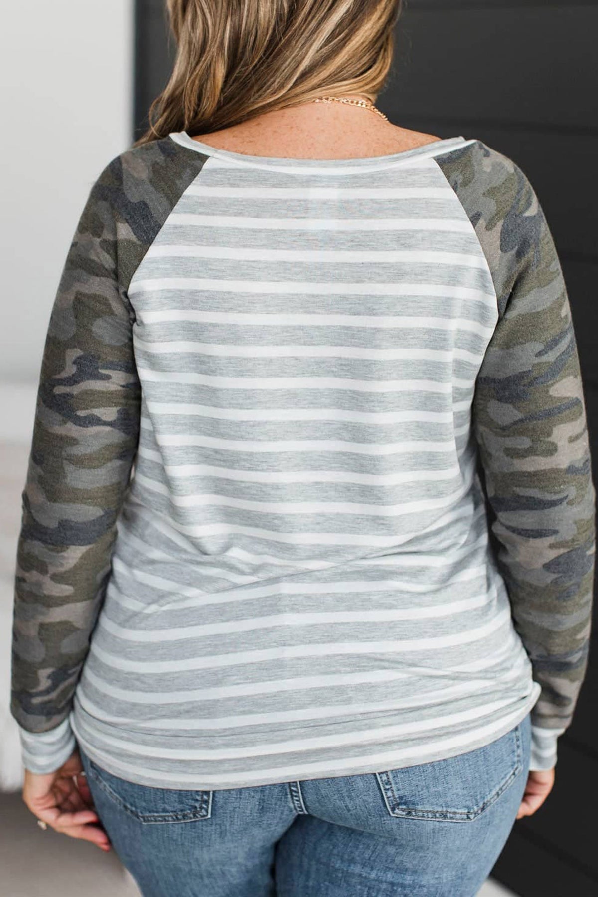 Gray Stripe Camo Sleeve Striped Color-Block Round-Neck Long-Sleeve Plus Size Blouse
