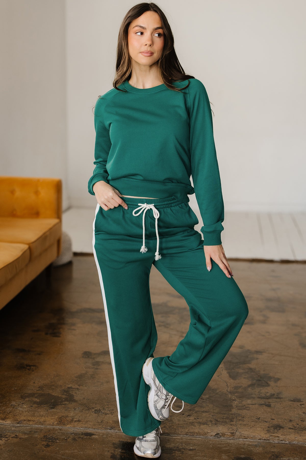 Women's Sea Green Pullover Top Varsity Stripe Detail Pants Set