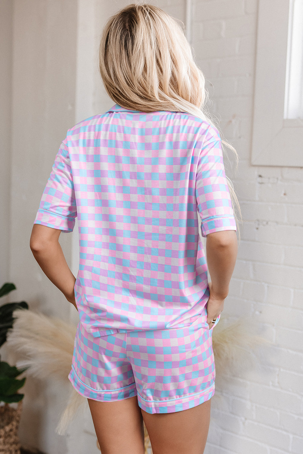 Purple Checkered Pattern Short Sleeve Pajama Set